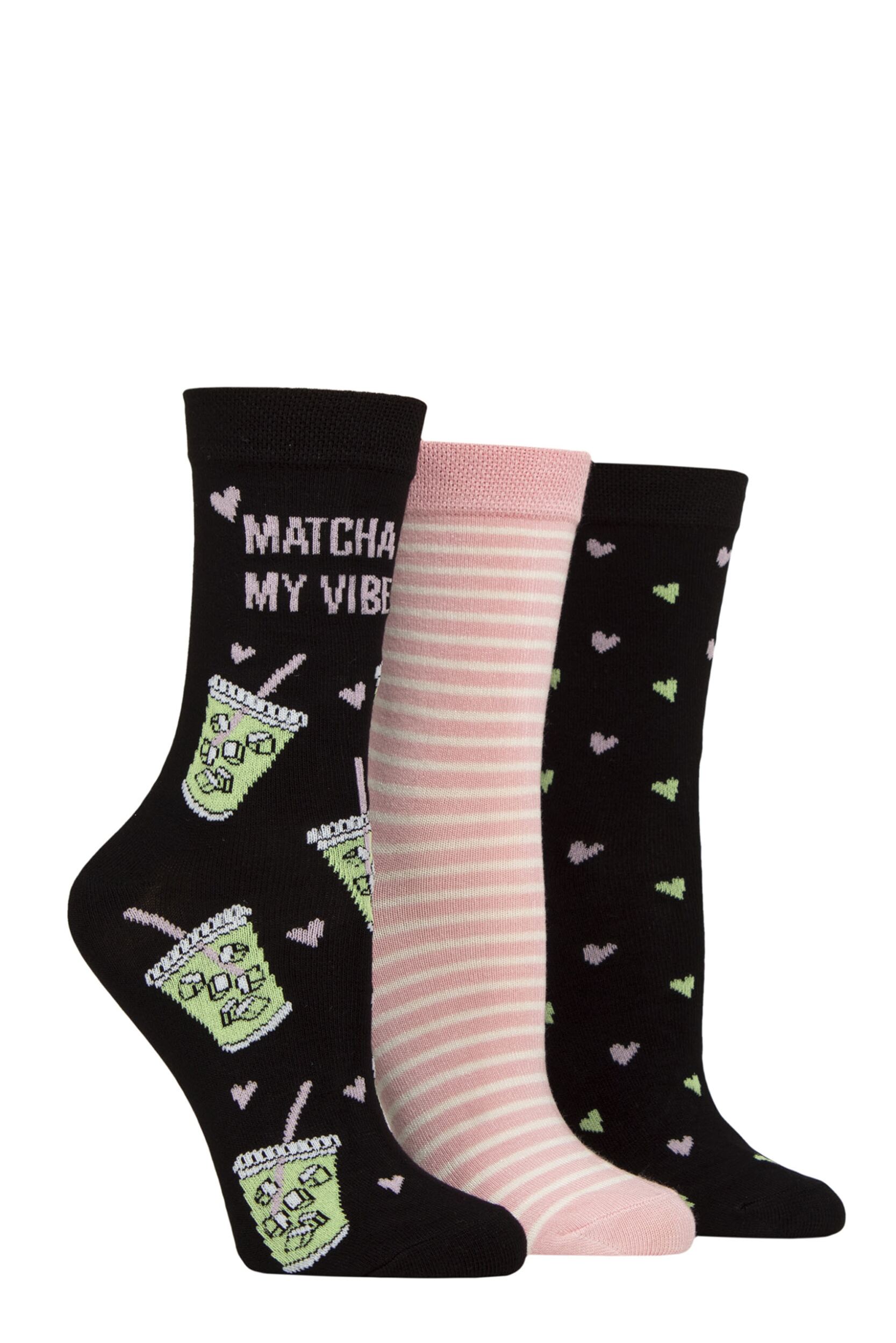 Women's 3 Pair SOCKSHOP Lazy Panda Novelty Bamboo Socks Matcha My Vibe 4-8
