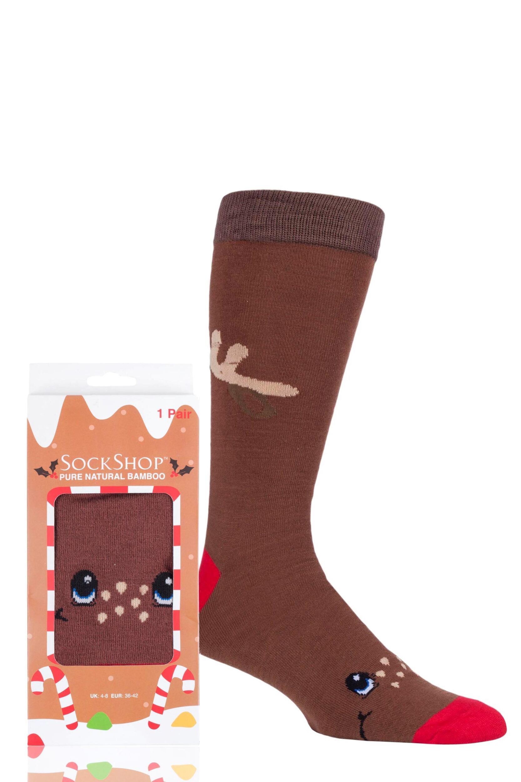 Image of Mens and Women's SOCKSHOP 1 Pair Lazy Panda Bamboo Fun & Novelty Socks Rudolph Mens