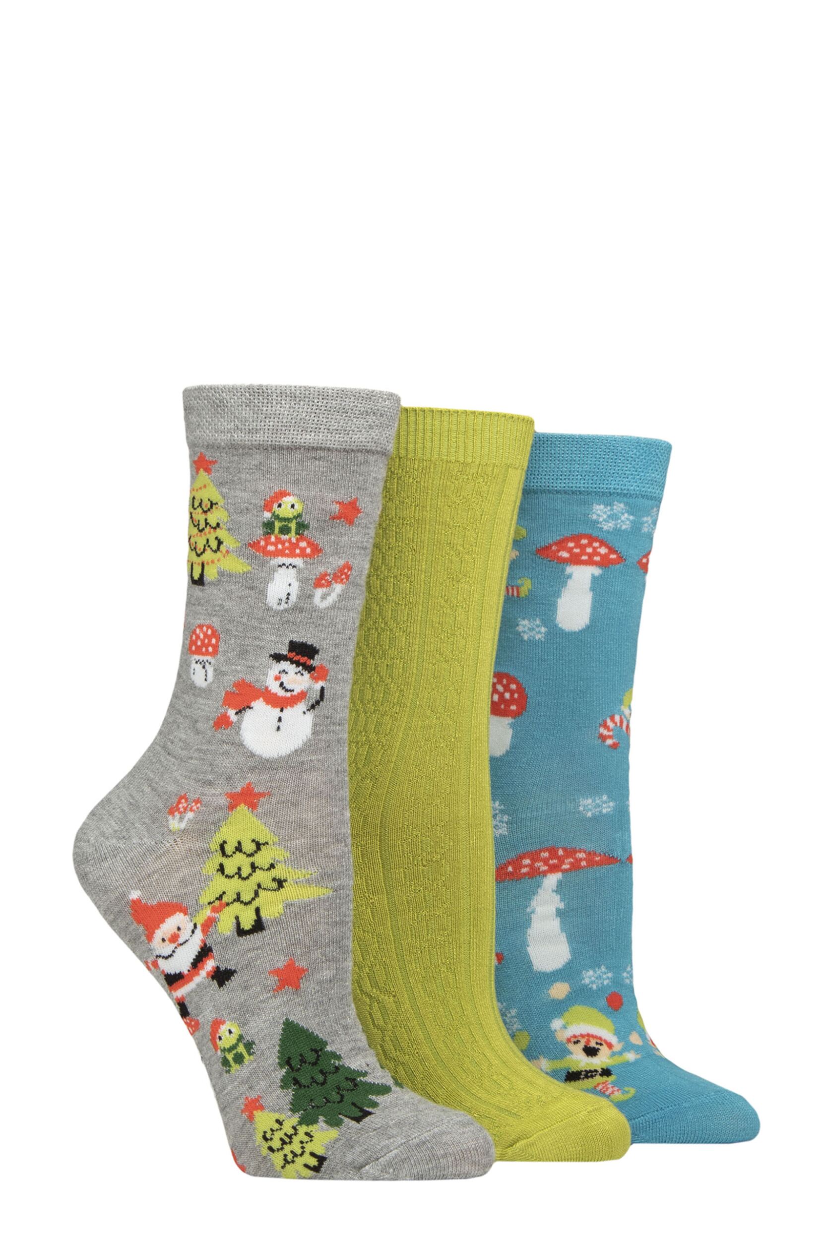 Women's 3 Pair SOCKSHOP Lazy Panda Christmas Bamboo Socks Woodland Christmas 4-8