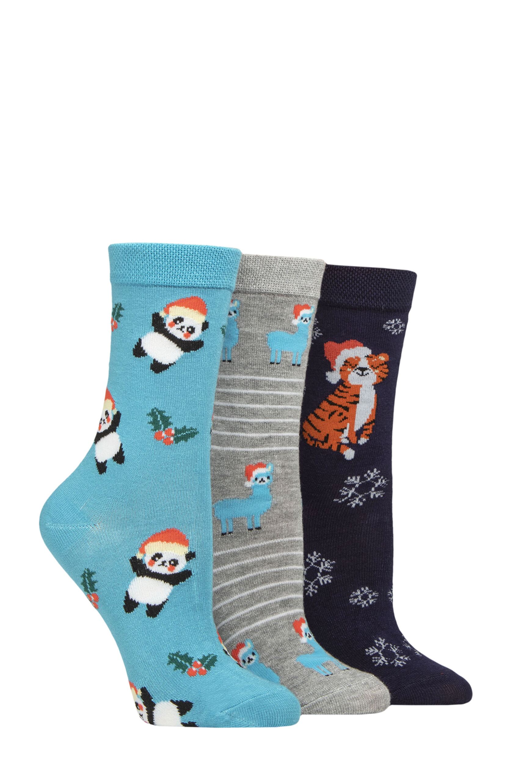 Women's 3 Pair SOCKSHOP Lazy Panda Christmas Bamboo Socks Christmas Animals 4-8