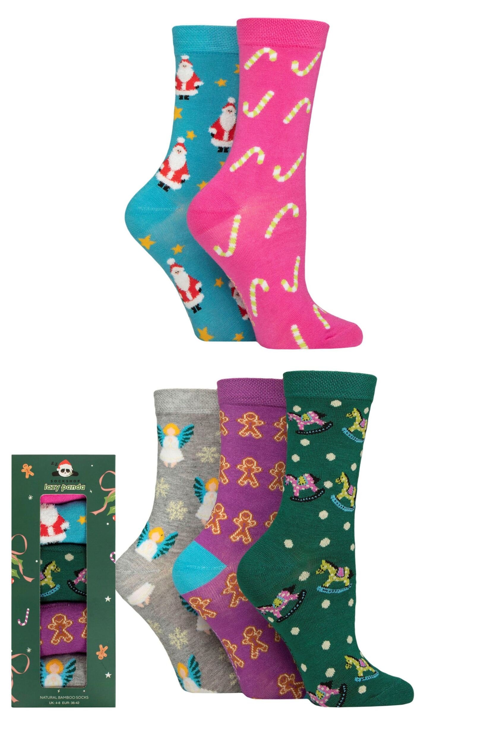 Women's 5 Pair SOCKSHOP Lazy Panda Christmas Gift Boxed Bamboo Socks Women's Christmas 4-8
