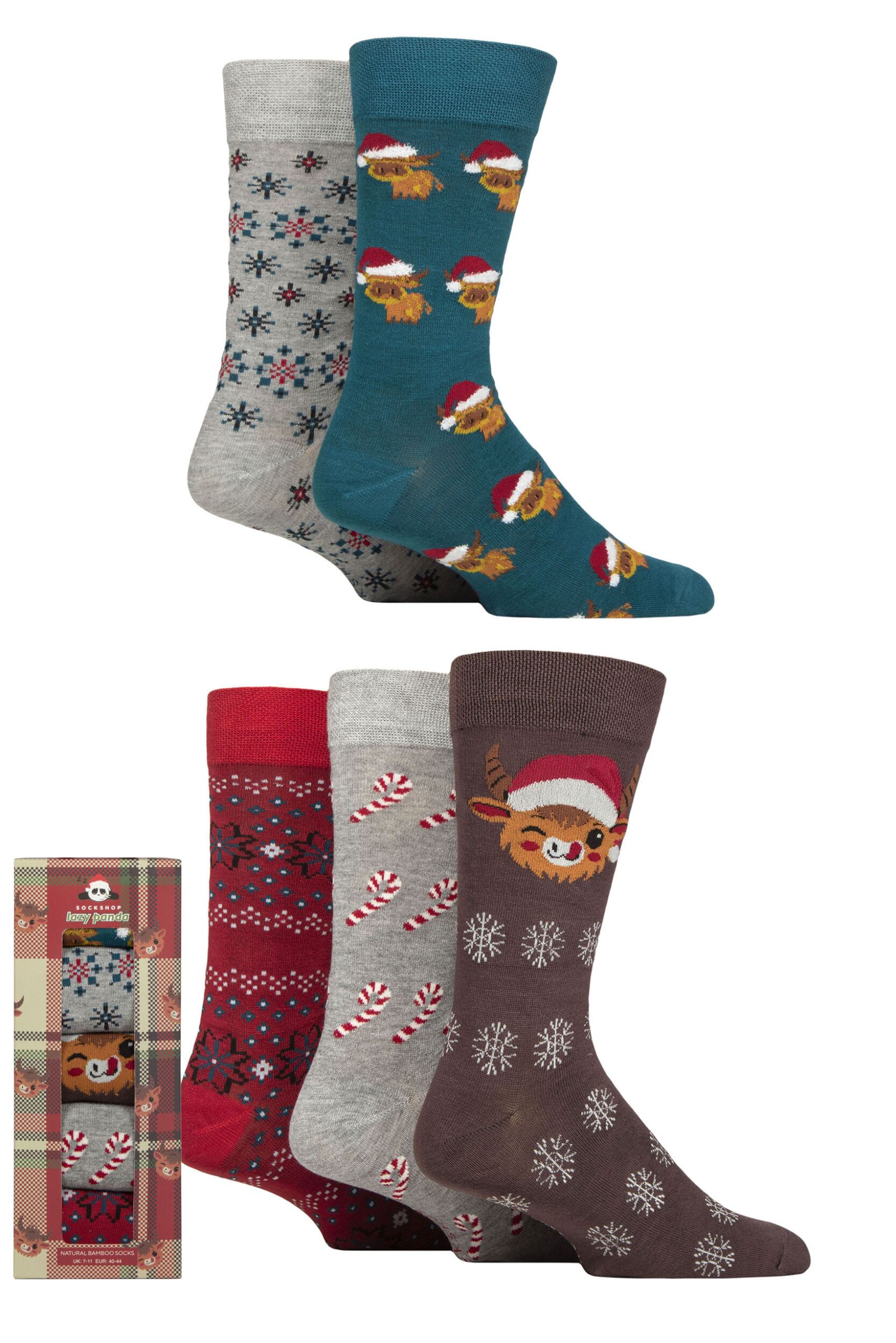Mens 5 Pair SOCKSHOP Lazy Panda Christmas Gift Boxed Bamboo Socks Christmas 7-11 Mens