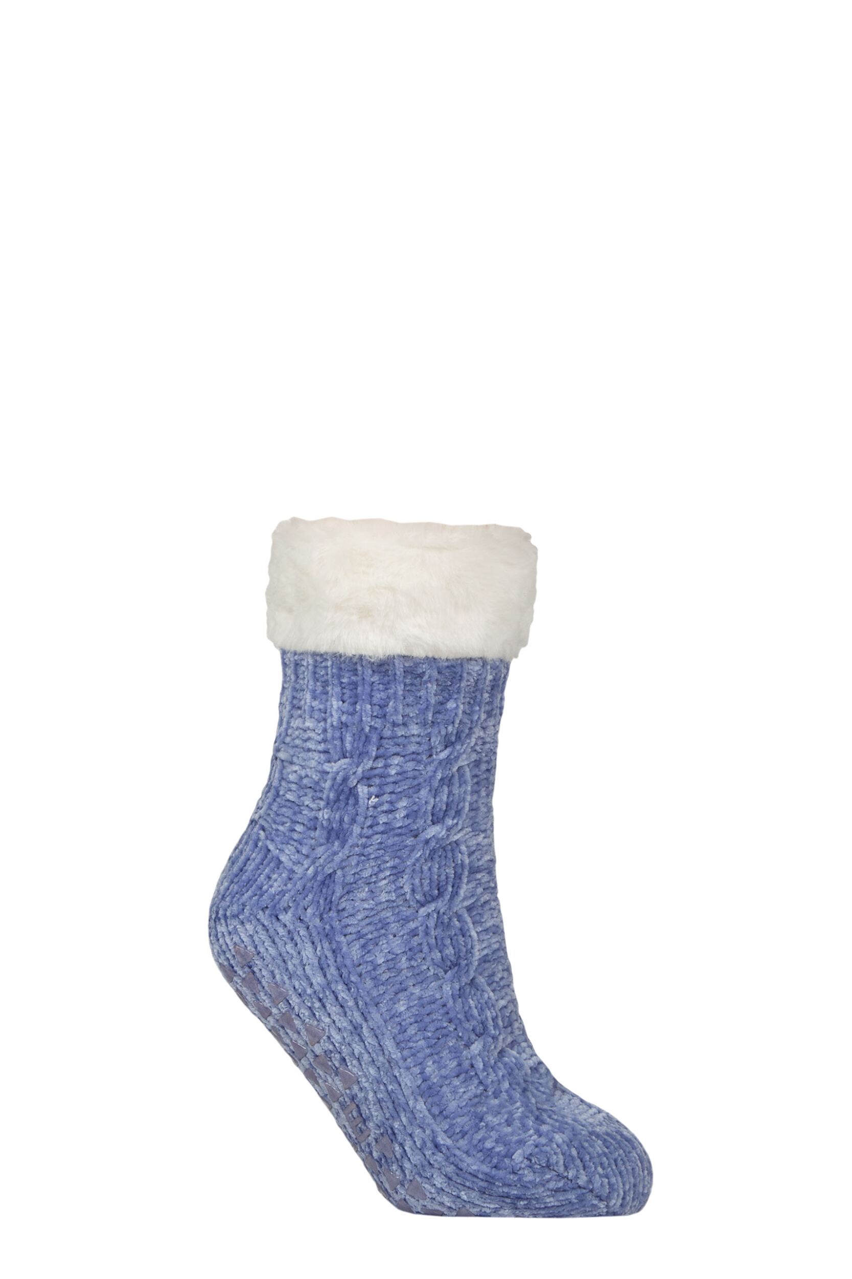 Women’s 1 Pair SOCKSHOP Faux Fur Lined Chenille Cable Slipper Socks Mineral Blue 4-8