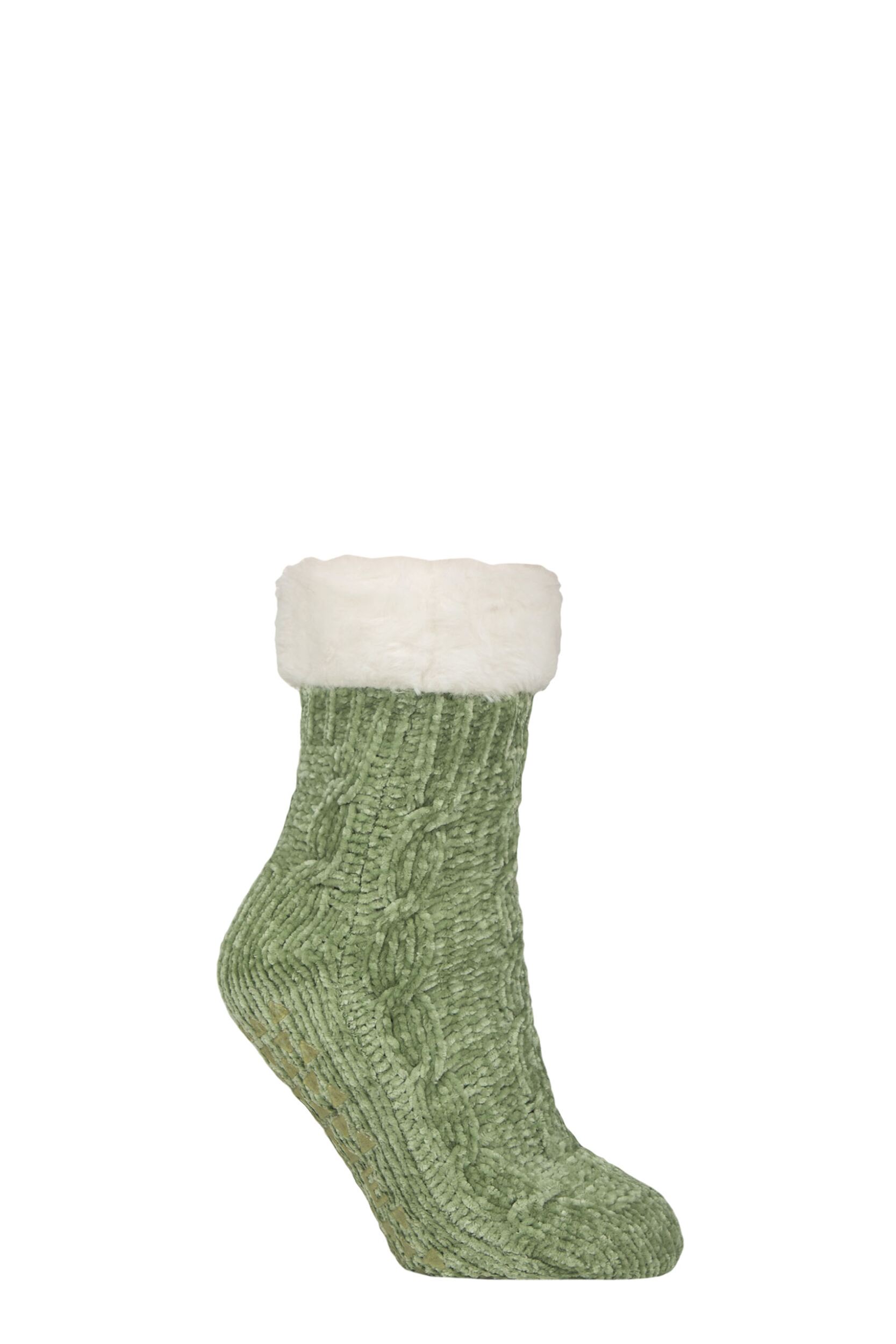 Women's 1 Pair SOCKSHOP Faux Fur Lined Chenille Cable Slipper Socks Sage 4-8