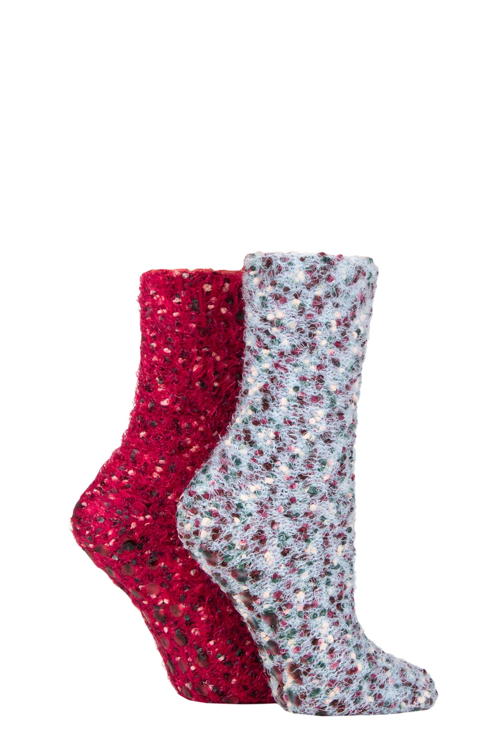 Women's 2 Pair SOCKSHOP Popcorn Feather Slipper Socks with Grip Light Blue / Velvet Rose 4-8 Ladies