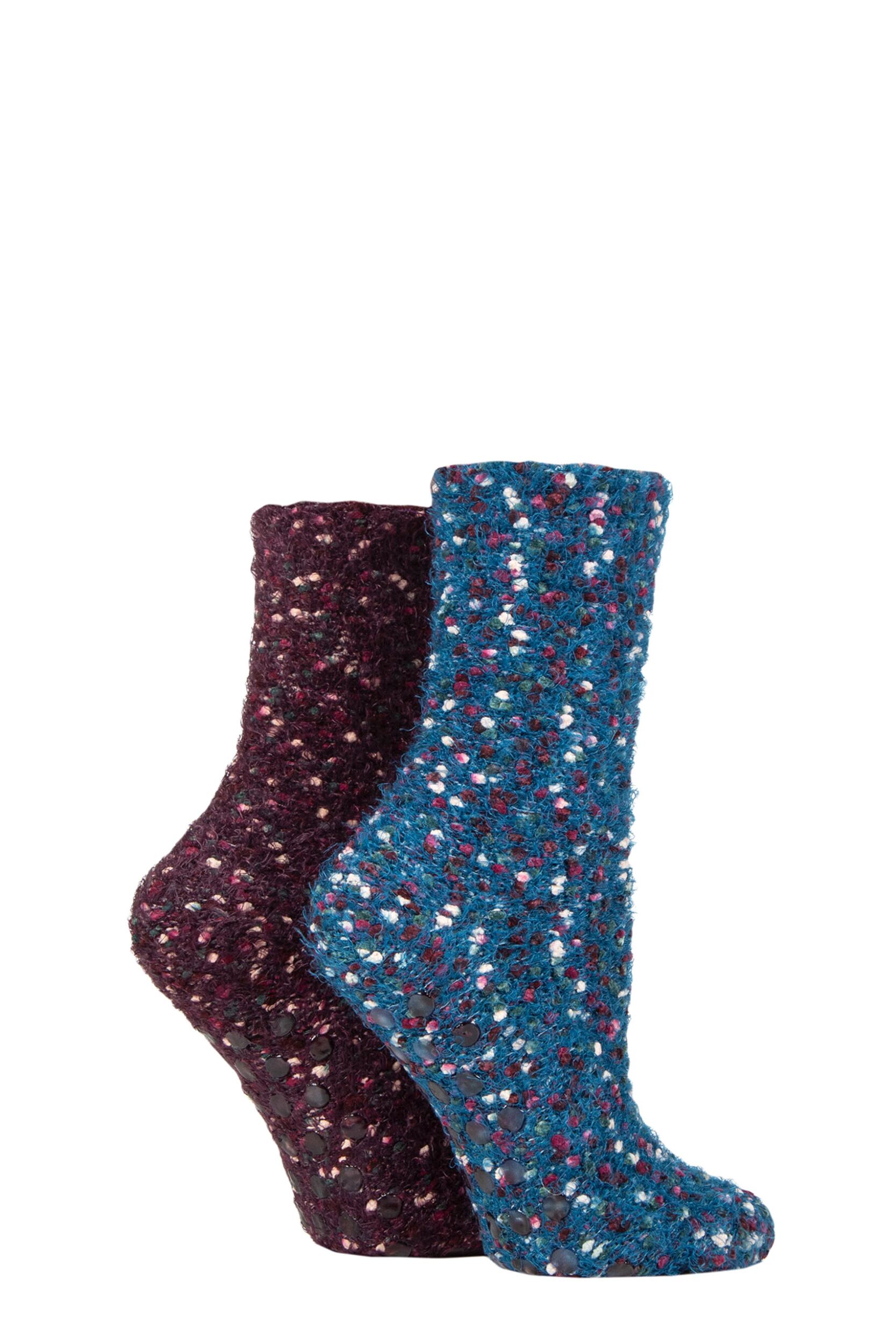 Women's 2 Pair SOCKSHOP Popcorn Feather Slipper Socks with Grip Purple / Petrol Blue 4-8 Ladies