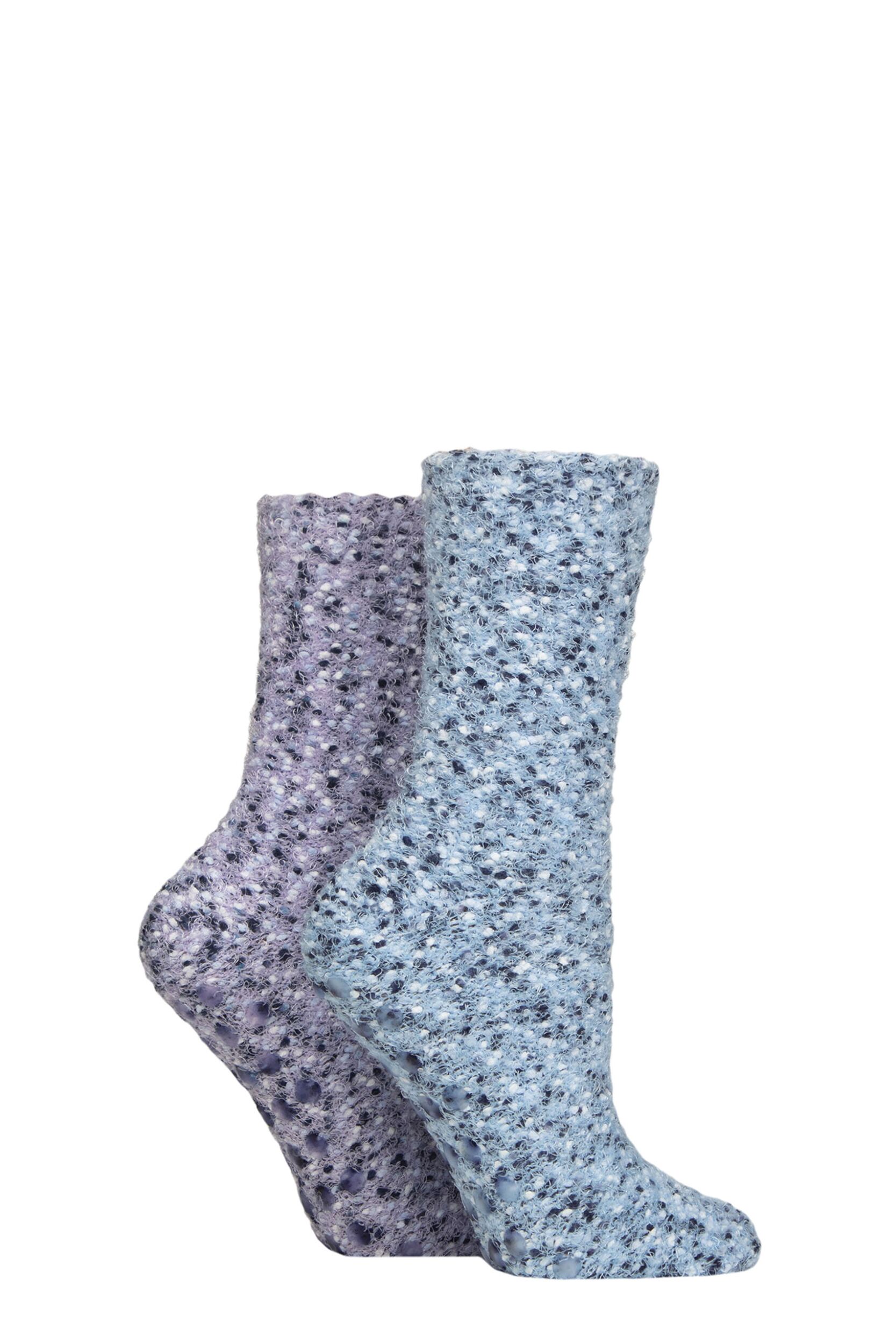 Women's 2 Pair SOCKSHOP Popcorn Feather Slipper Socks with Grip Blue / Grey 4-8 Women's