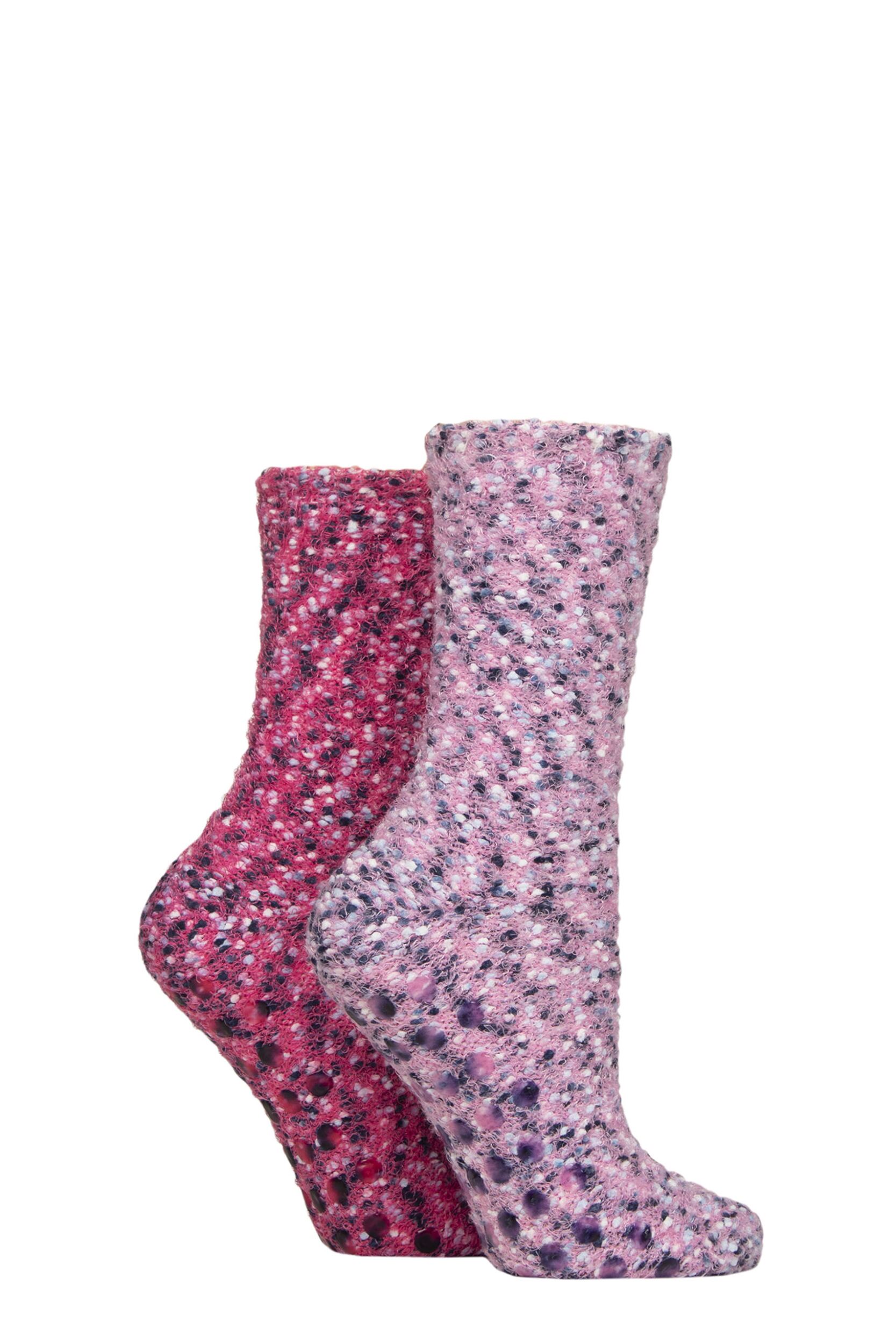 Women's 2 Pair SOCKSHOP Popcorn Feather Slipper Socks with Grip Hot Pink 4-8 Women's