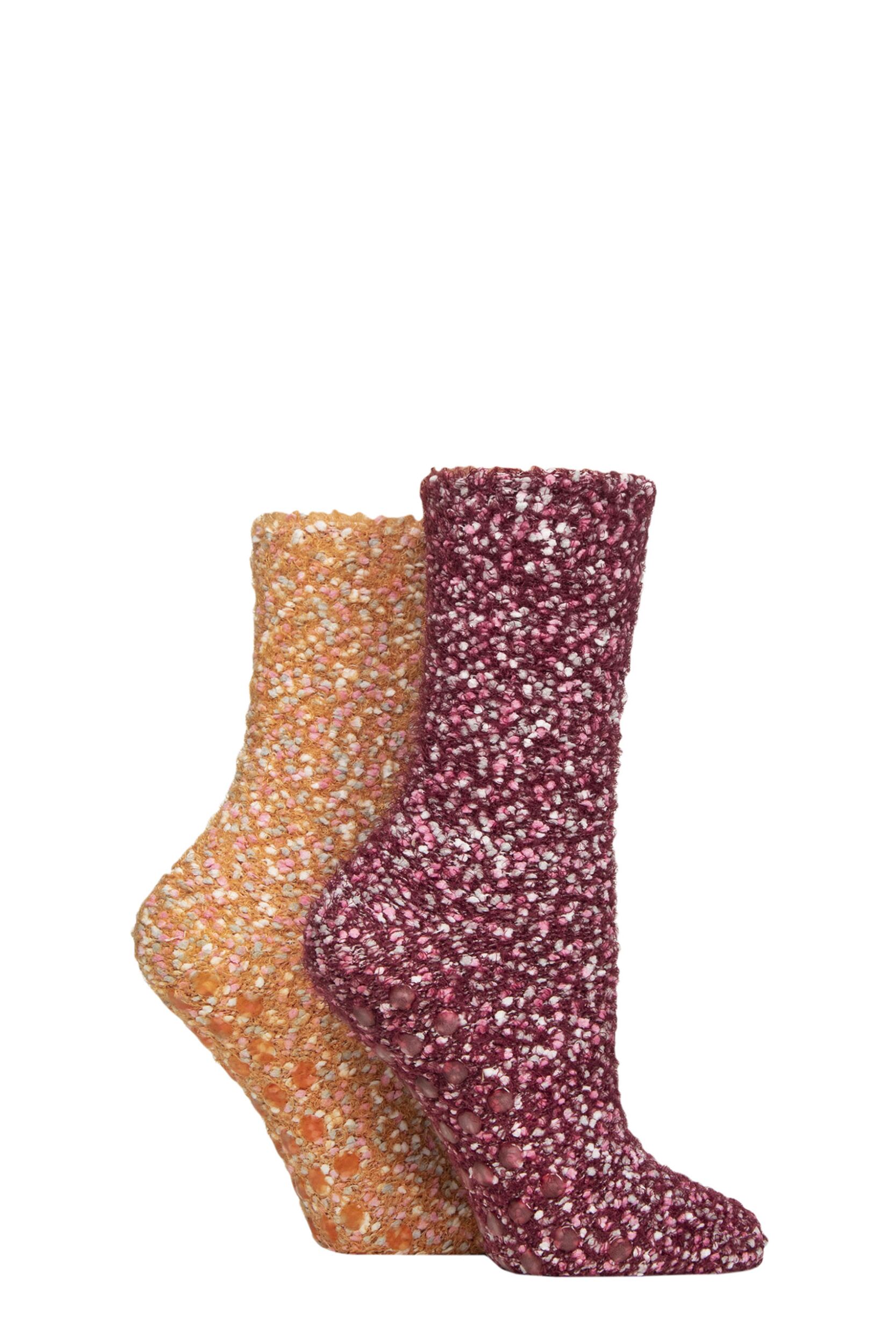 Women's 2 Pair SOCKSHOP Popcorn Feather Slipper Socks with Grip Pumpkin Spice 4-8 Women's