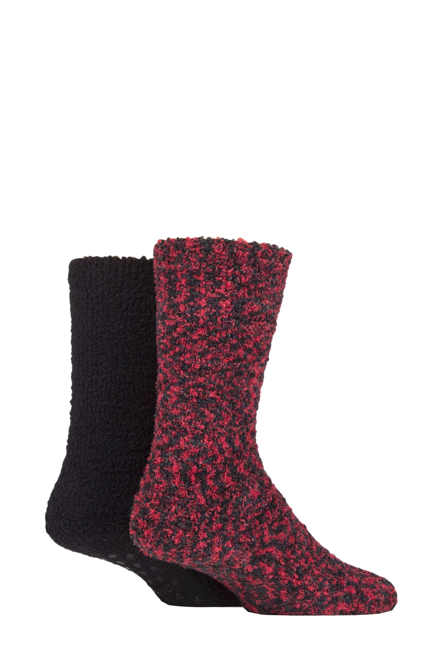 Men's 2 Pair SOCKSHOP Cosy Slipper Socks with Grip Black / Red 7-11 Mens