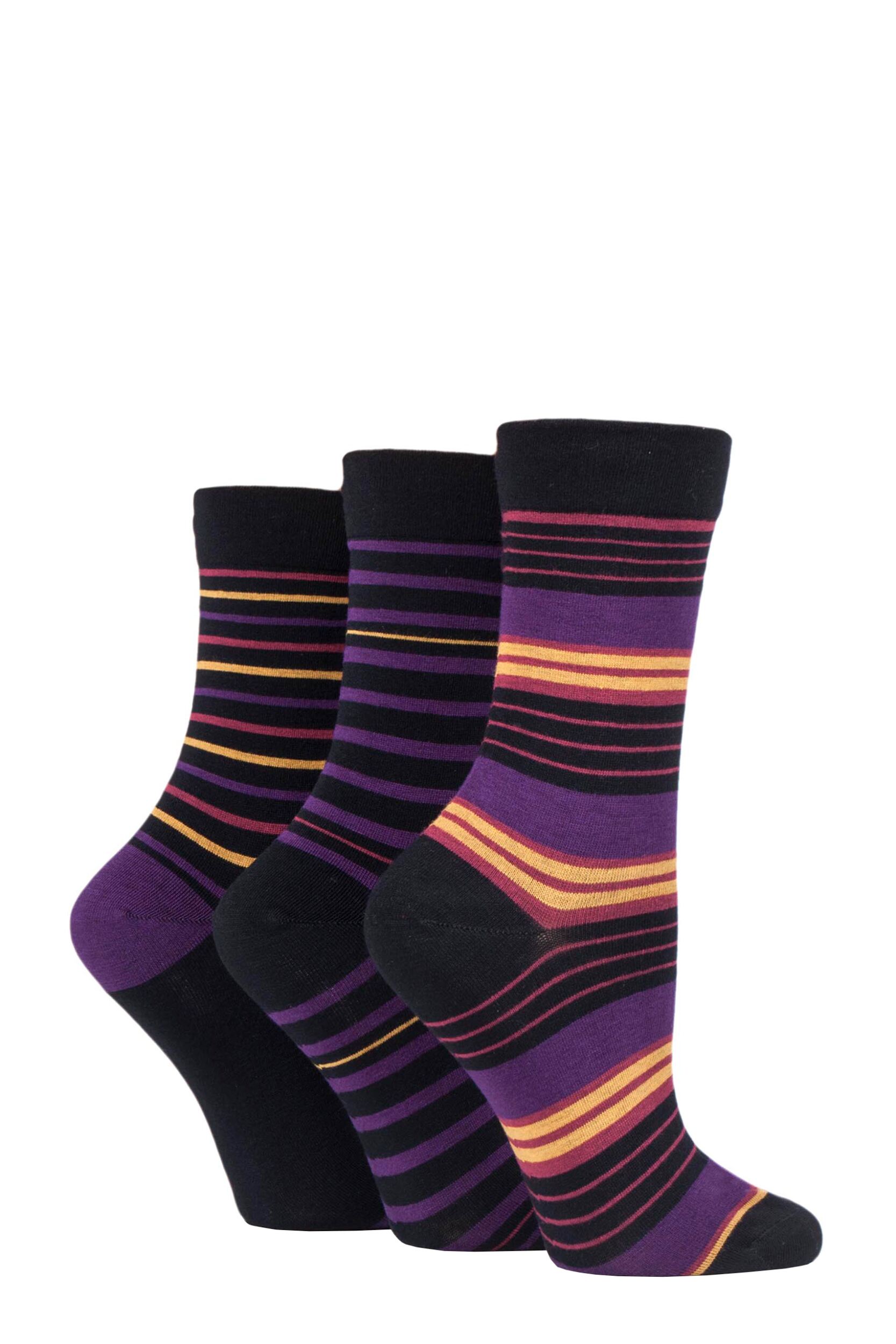 3 Pair Black Pansy Gentle Bamboo Socks with Smooth Toe Seams in Plains and Stripes Ladies 4-8 Ladies - SOCKSHOP
