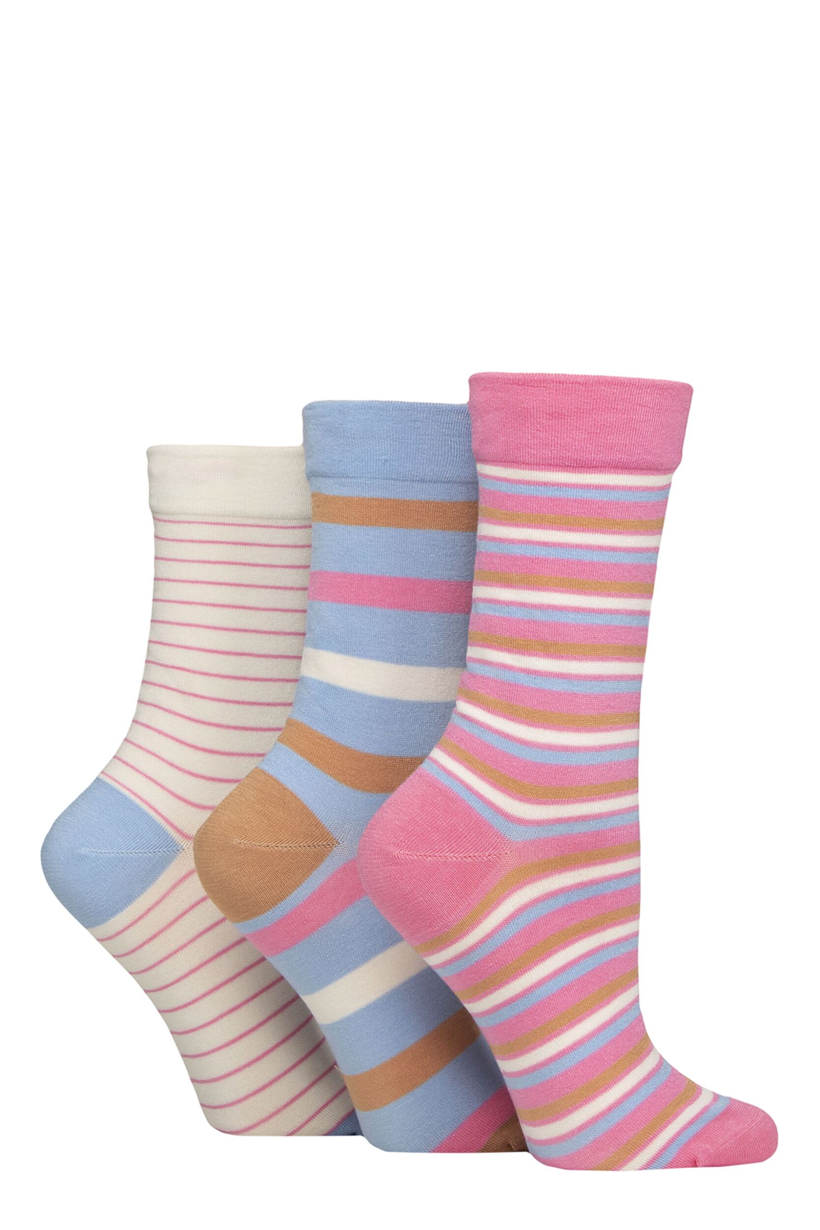 Women's 3 Pair SOCKSHOP Gentle Bamboo Socks with Smooth Toe Seams in Plains and Stripes Ocean View 4-8