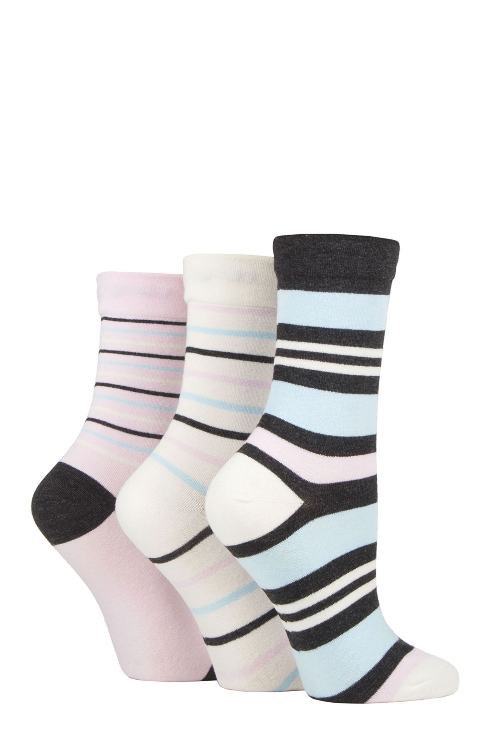 Women’s 3 Pair SOCKSHOP Gentle Bamboo Socks with Smooth Toe Seams in Plains and Stripes Charcoal Cream Stripe 4-8