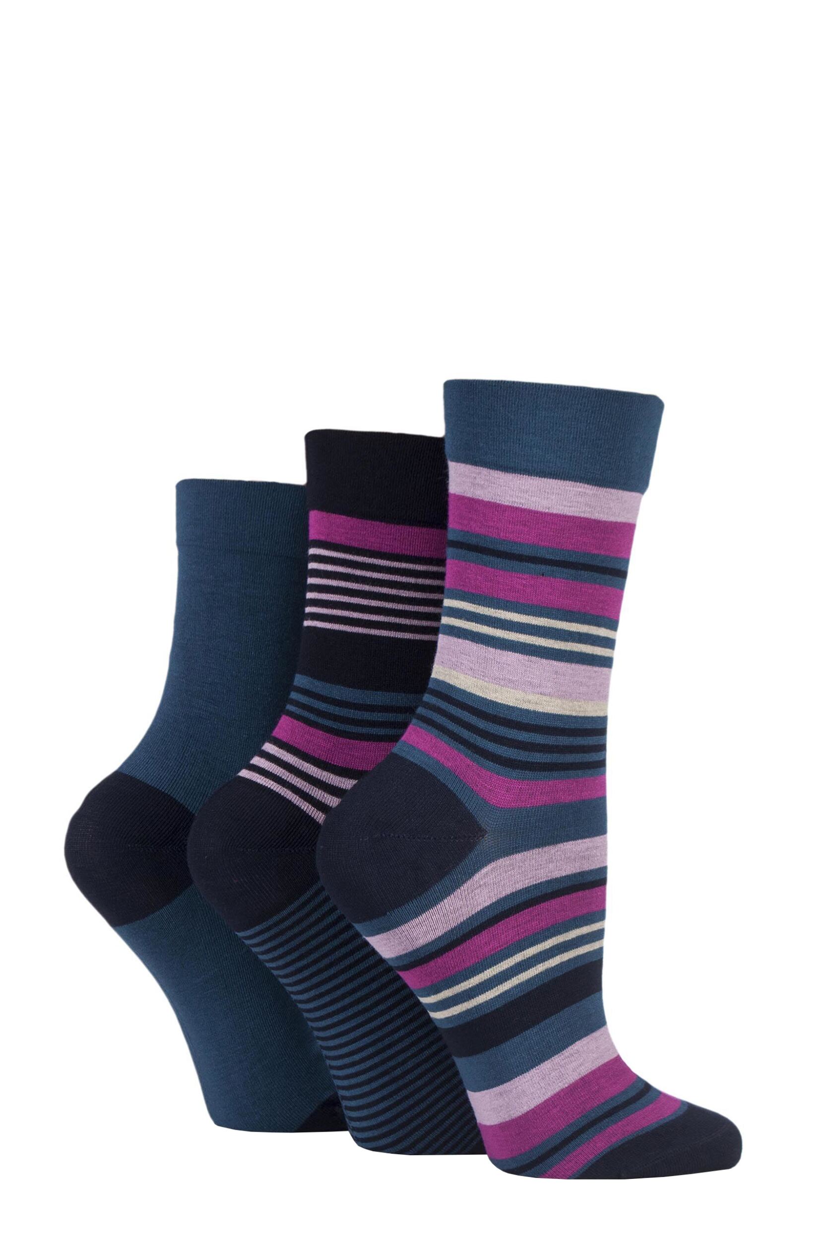 Women's 3 Pair SOCKSHOP Gentle Bamboo Socks with Smooth Toe Seams in Plains and Stripes Damson / Magenta 7-11 Ladies