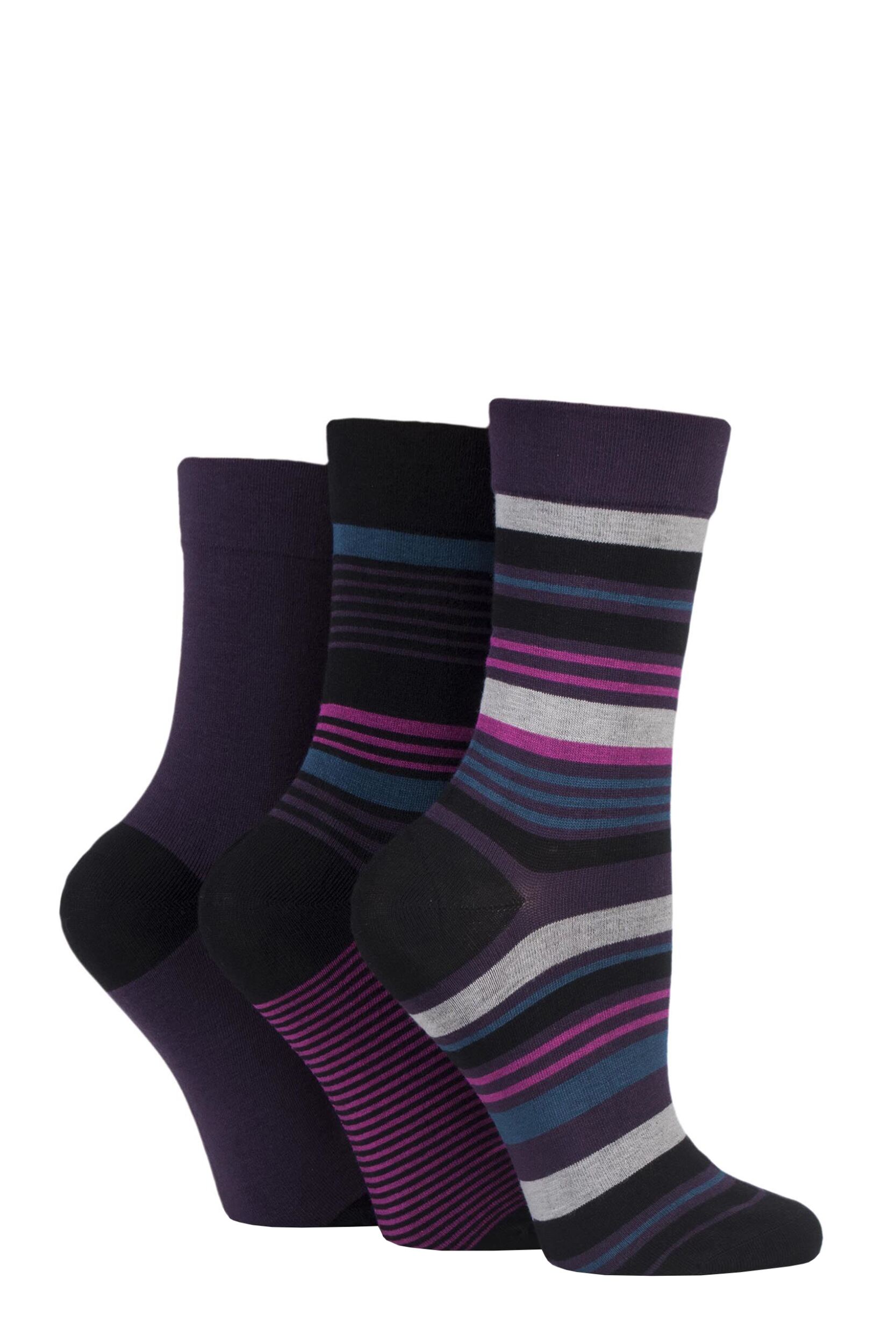 3 Pair Purple Raven Gentle Bamboo Socks with Smooth Toe Seams in Plains and Stripes Ladies 4-8 Ladies - SOCKSHOP