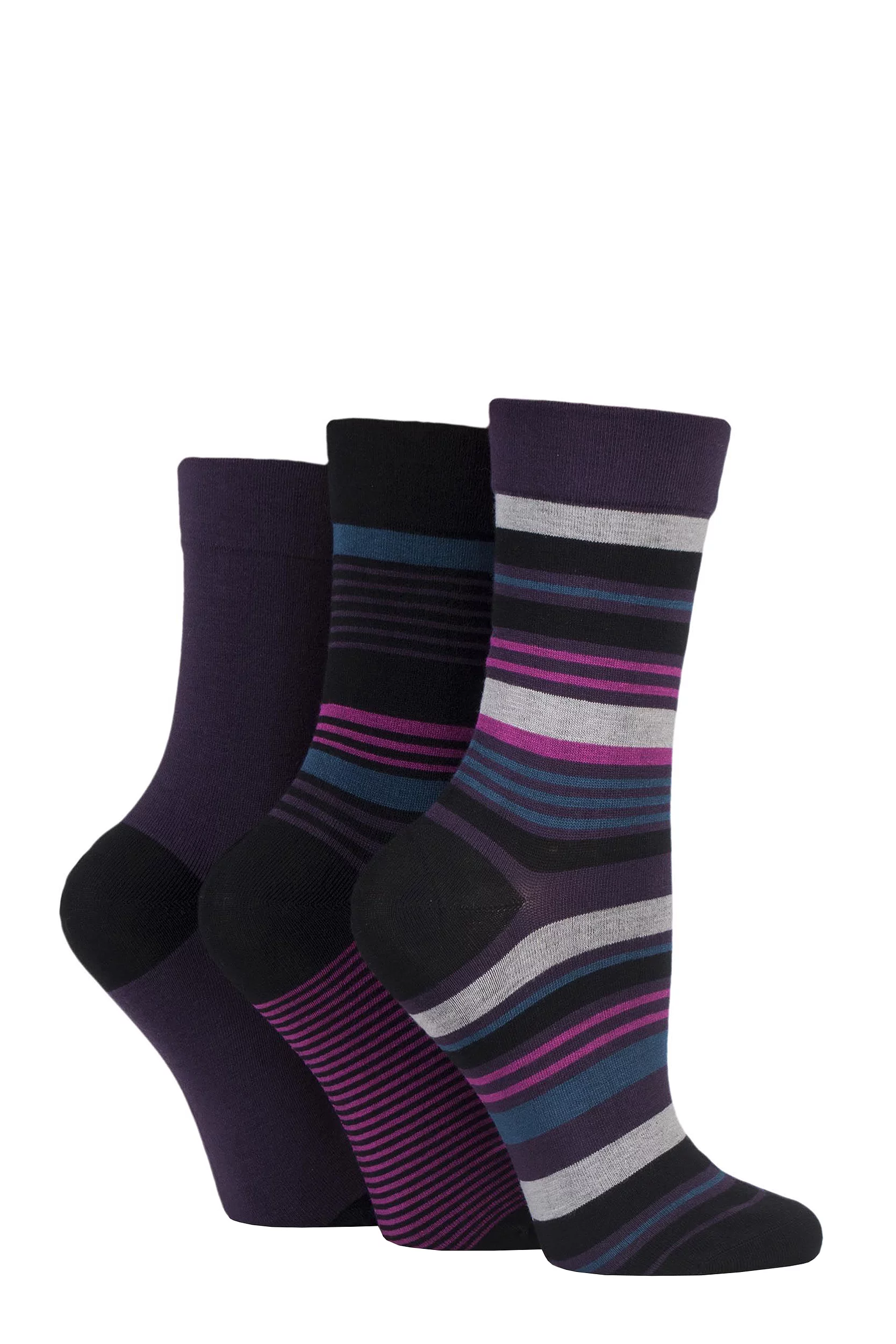 3 Pair Purple Raven Gentle Bamboo Socks with Smooth Toe Seams in Plains and Stripes Ladies 4-8 Ladies - SOCKSHOP