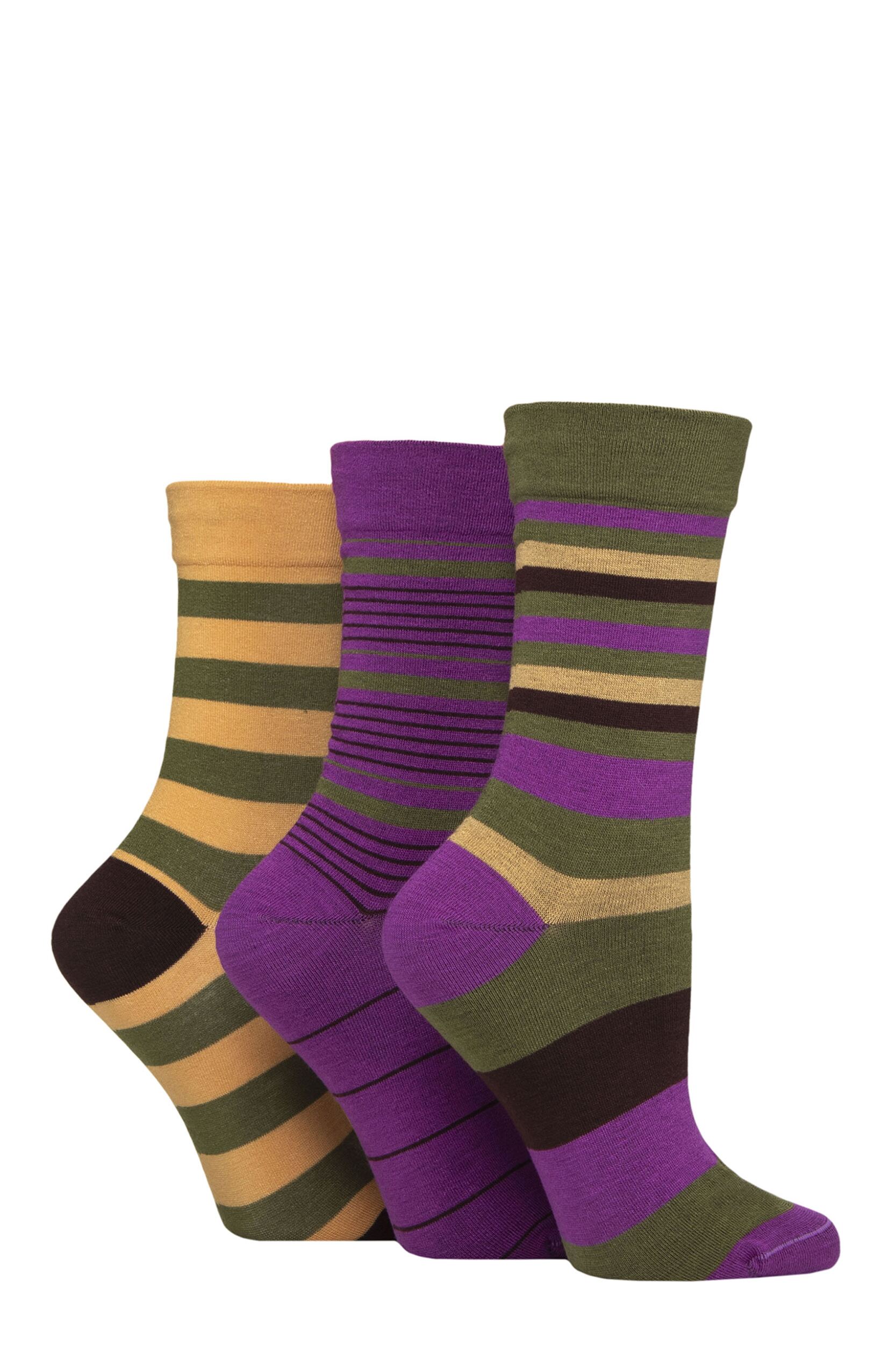 Image of Women's 3 Pair SOCKSHOP Gentle Bamboo Socks with Smooth Toe Seams in Plains and Stripes Wild Terrain 4-8