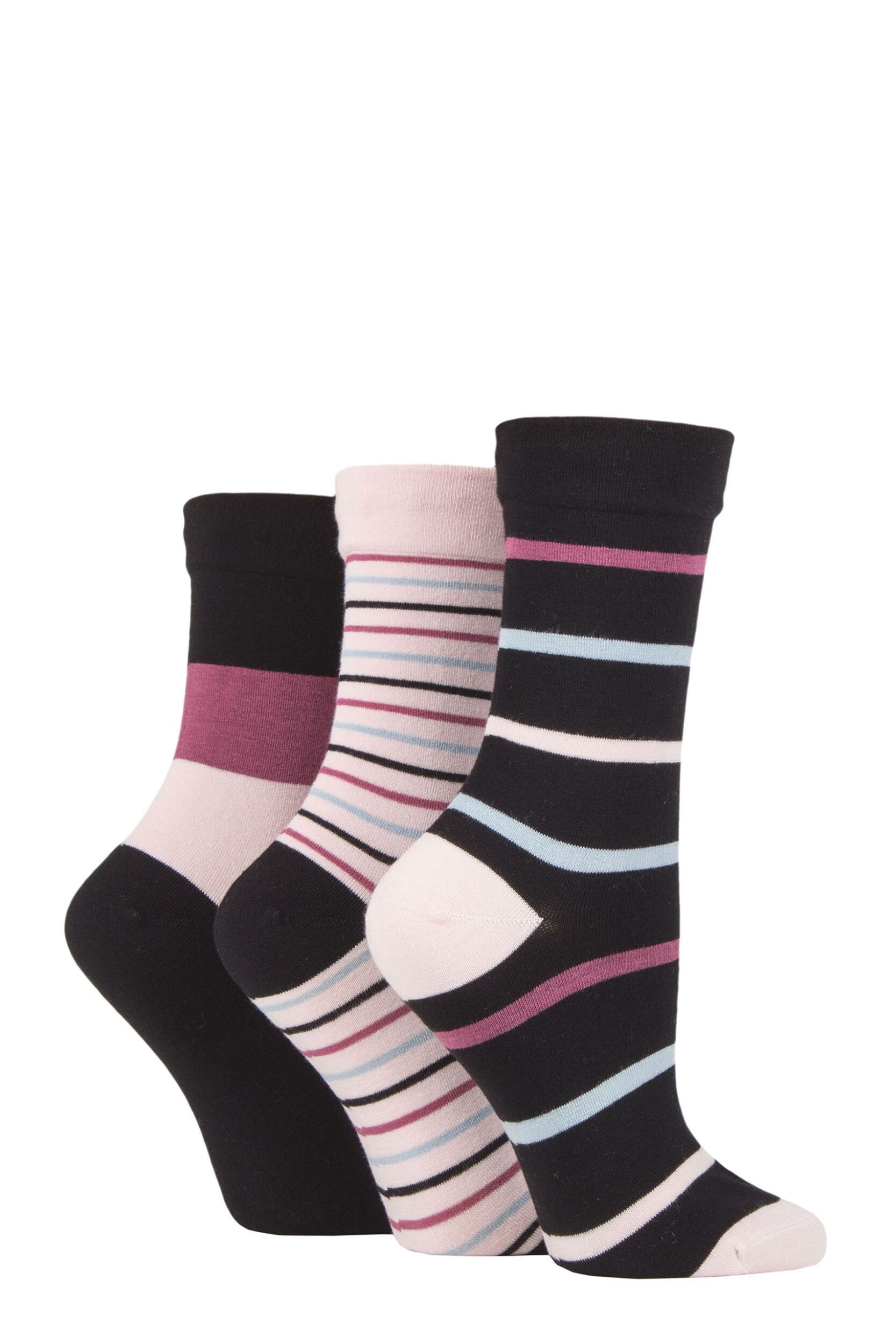 Image of Women's 3 Pair SOCKSHOP Gentle Bamboo Socks with Smooth Toe Seams in Plains and Stripes Dust Stripes 4-8 Ladies