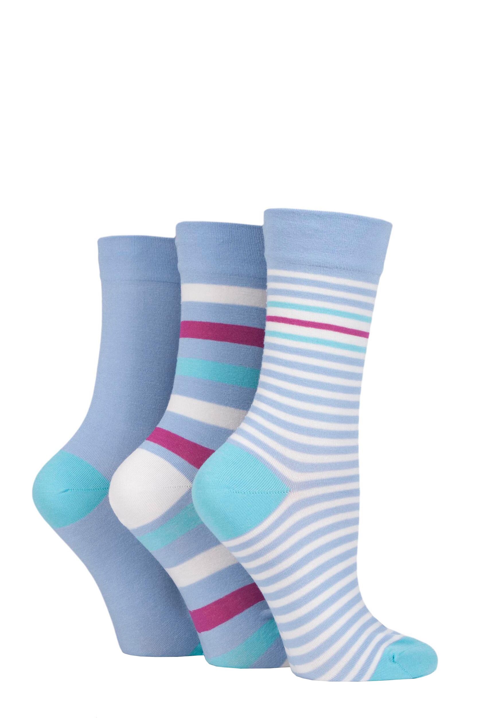 Image of Women's 3 Pair SOCKSHOP Gentle Bamboo Socks with Smooth Toe Seams in Plains and Stripes Cornflower 4-8