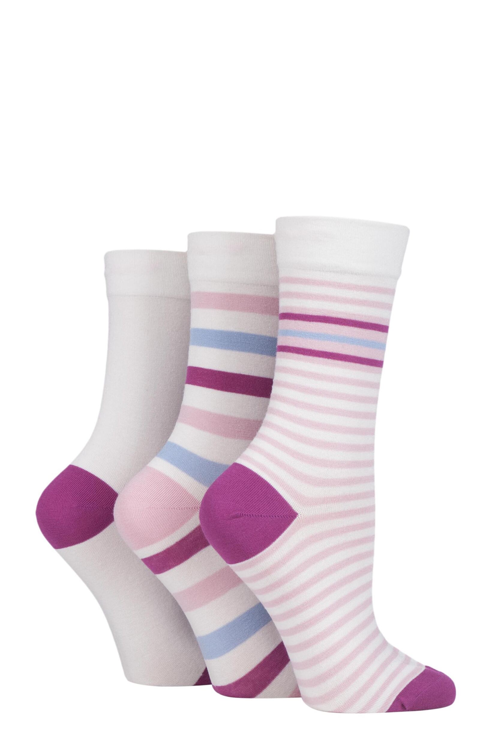 Image of 3 Pair Flamingo Gentle Bamboo Socks with Smooth Toe Seams in Plains and Stripes Ladies 4-8 Ladies