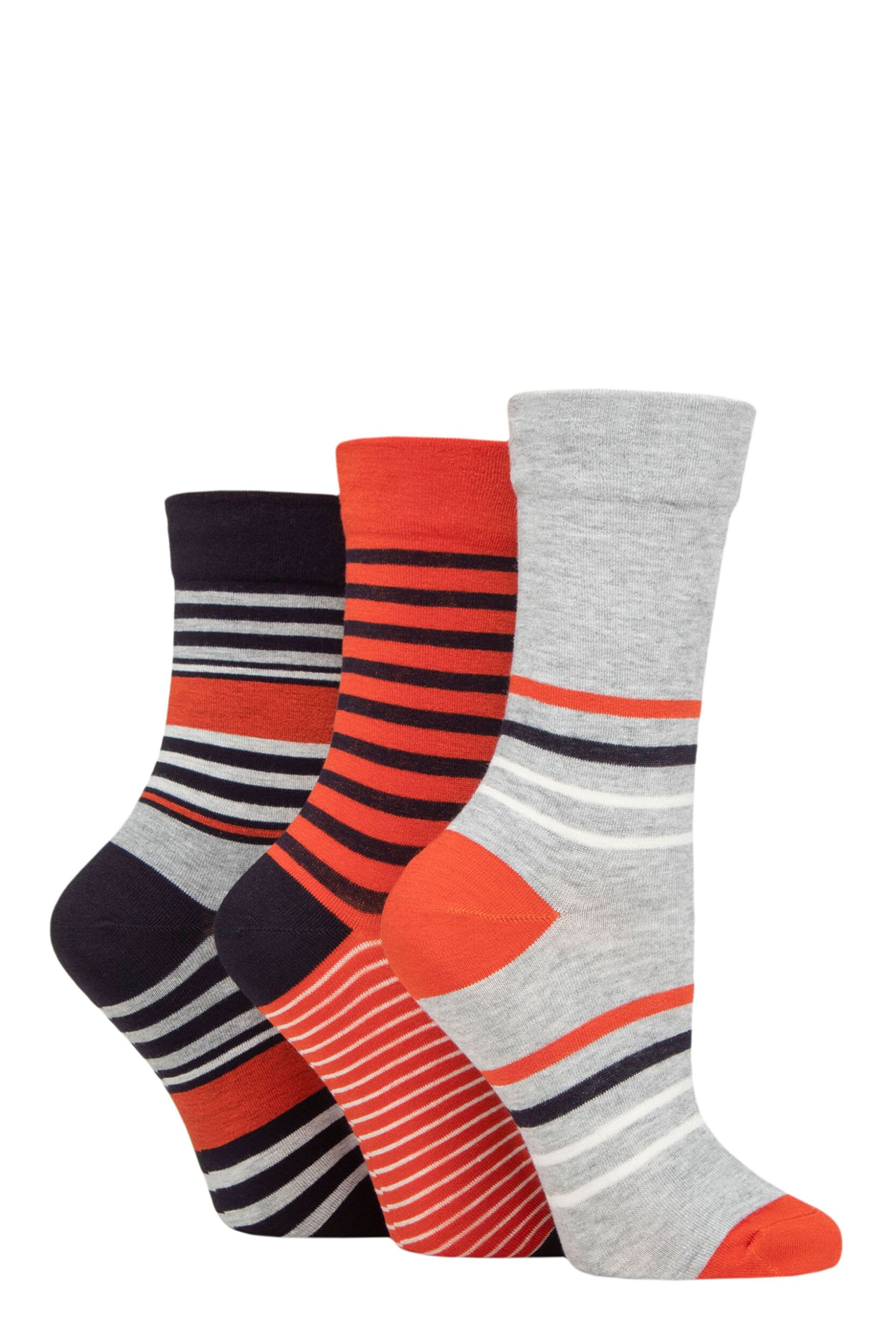 Image of Women's 3 Pair SOCKSHOP Gentle Bamboo Socks with Smooth Toe Seams in Plains and Stripes Navy / Rust 4-8