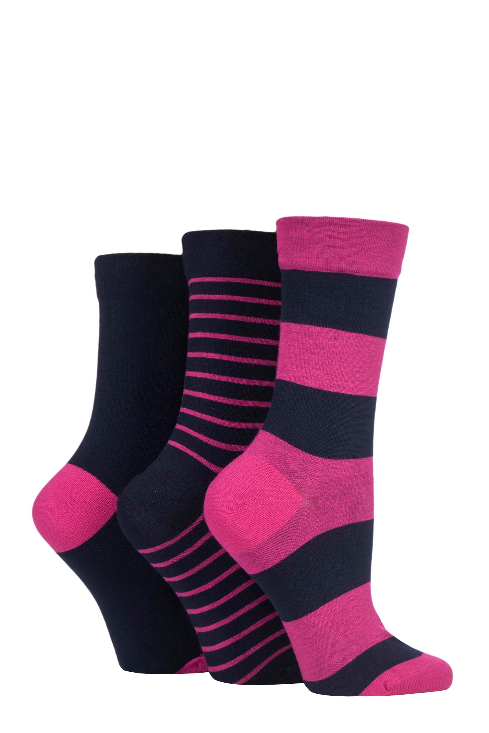 3 Pair Navy / Orchid Gentle Bamboo Socks with Smooth Toe Seams in Plains and Stripes Ladies 4-8 Ladies - SOCKSHOP
