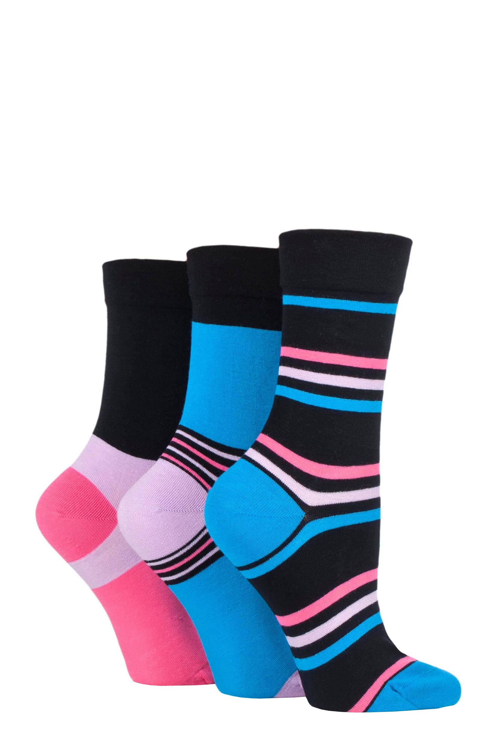 3 Pair Black / Bubblegum Gentle Bamboo Socks with Smooth Toe Seams in Plains and Stripes Ladies 4-8 Ladies - SOCKSHOP