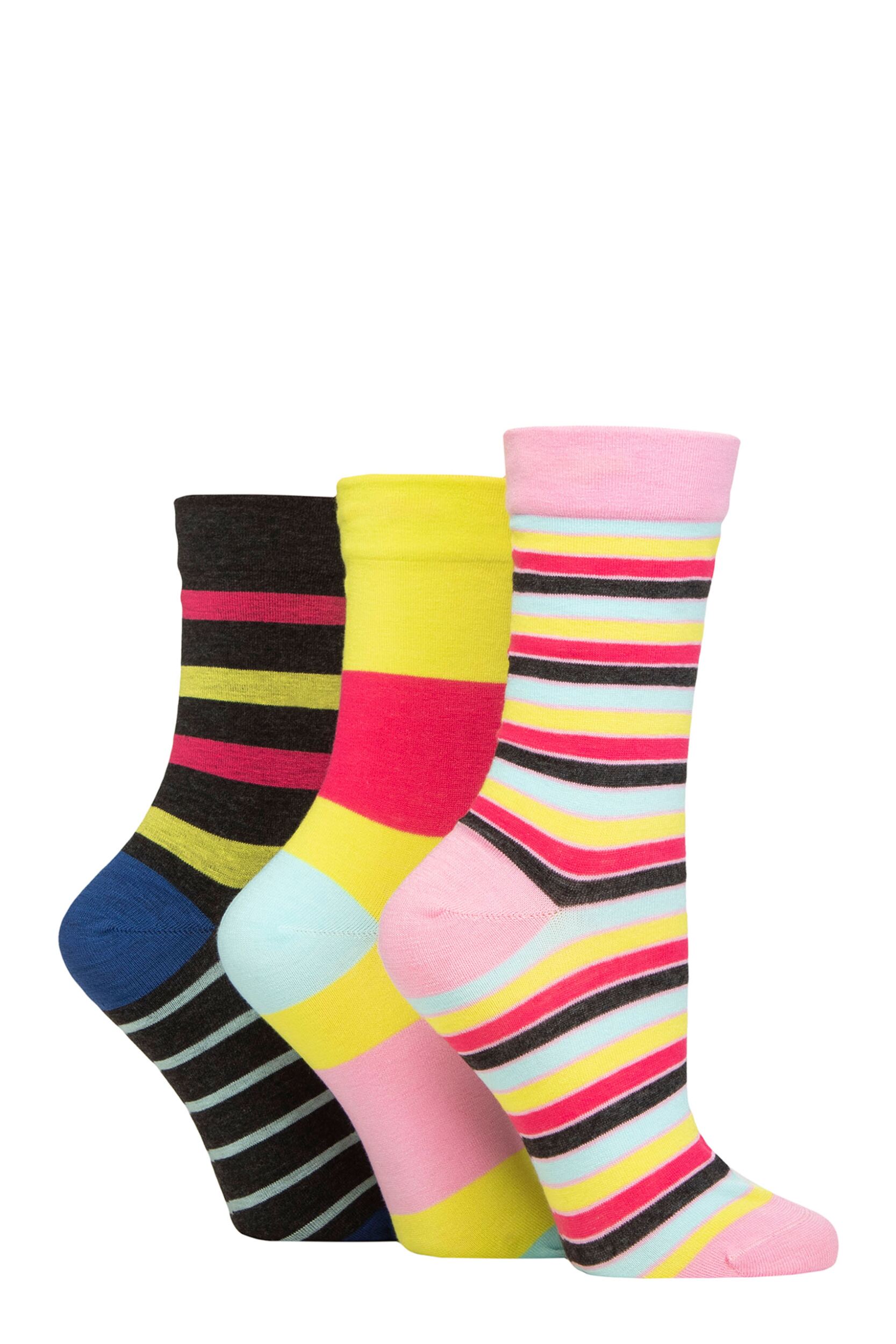 Women's 3 Pair SOCKSHOP Gentle Bamboo Socks with Smooth Toe Seams in Plains and Stripes Lime Refresher 4-8
