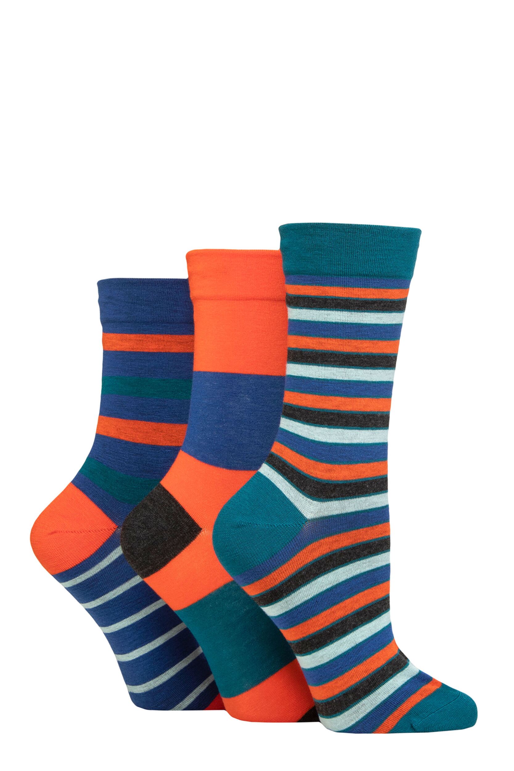 Image of Women's 3 Pair SOCKSHOP Gentle Bamboo Socks with Smooth Toe Seams in Plains and Stripes Mandarin 4-8