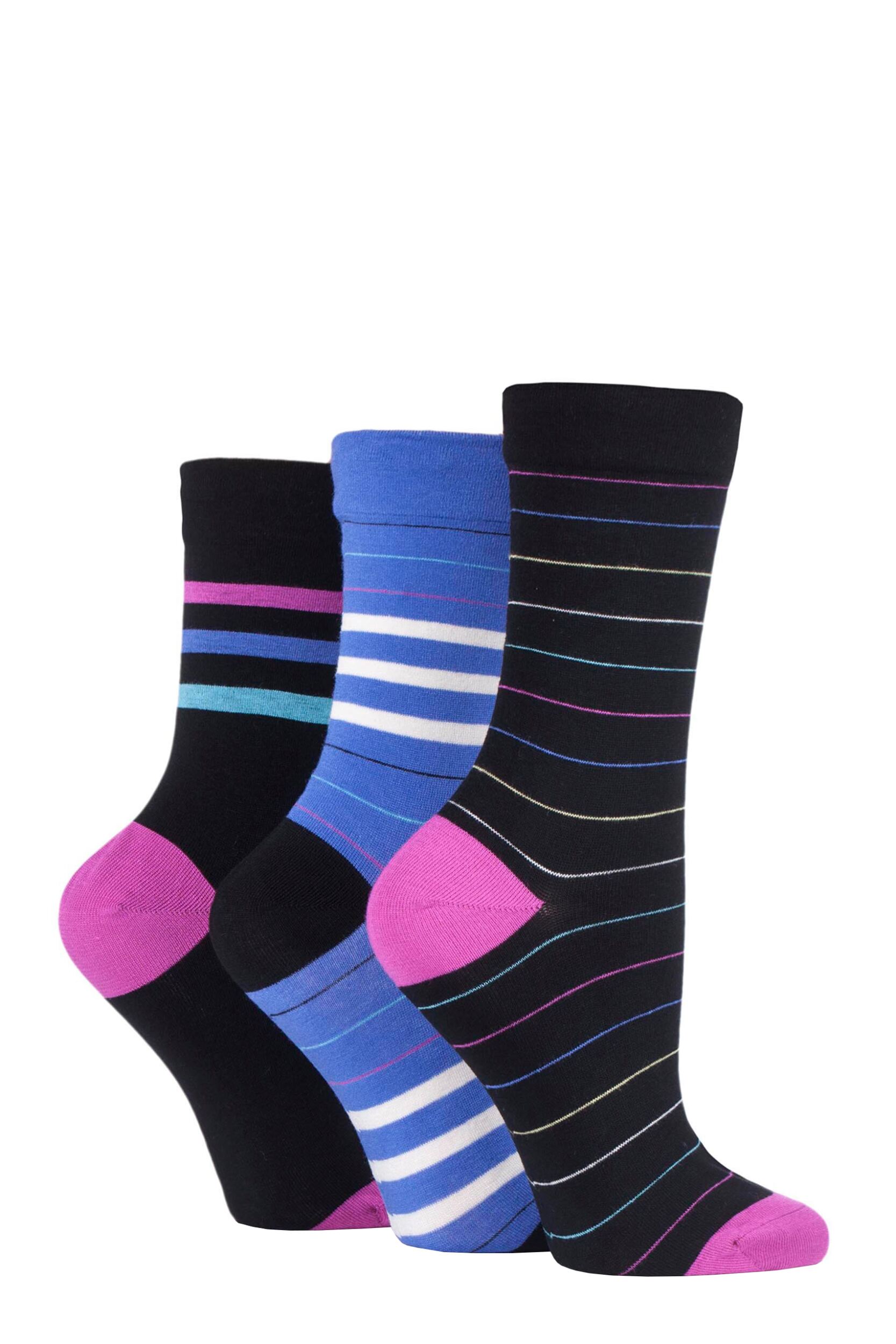 3 Pair Neon Lights Gentle Bamboo Socks with Smooth Toe Seams in Plains and Stripes Ladies 4-8 Ladies - SOCKSHOP