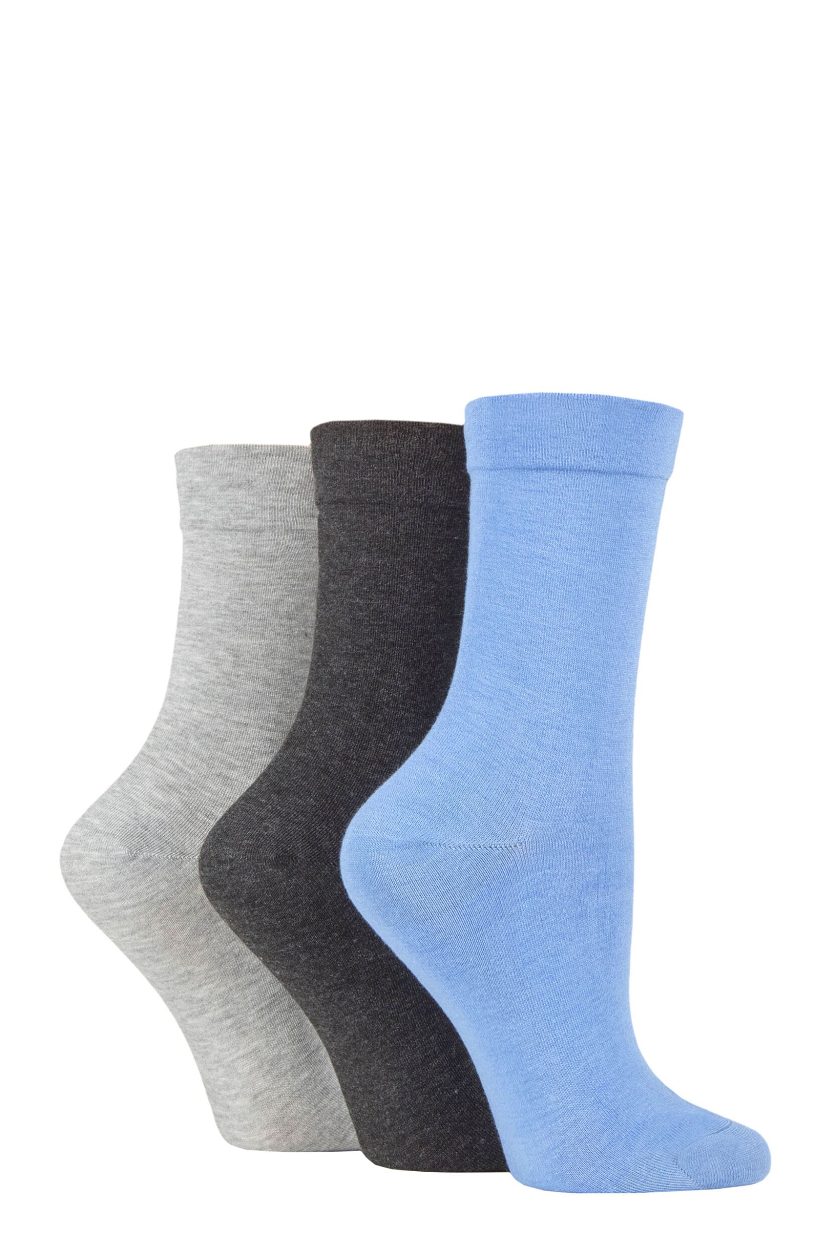 Image of Women's 3 Pair SOCKSHOP Gentle Bamboo Socks with Smooth Toe Seams in Plains and Stripes Blue / Light Grey / Charcoal 4-8 Ladies