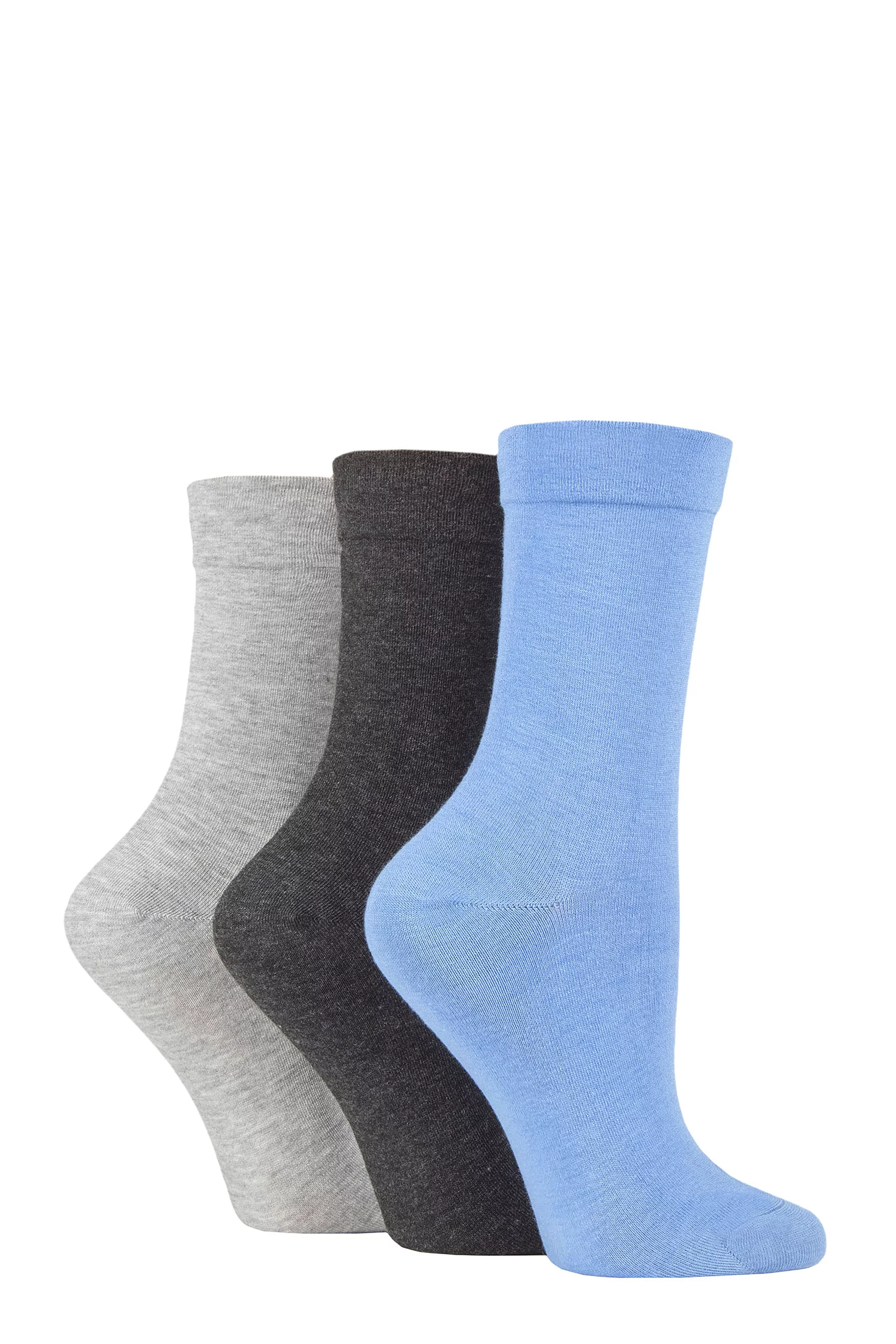 Women's 3 Pair SOCKSHOP Gentle Bamboo Socks with Smooth Toe Seams in Plains and Stripes Blue / Light Grey / Charcoal 4-8 Ladies
