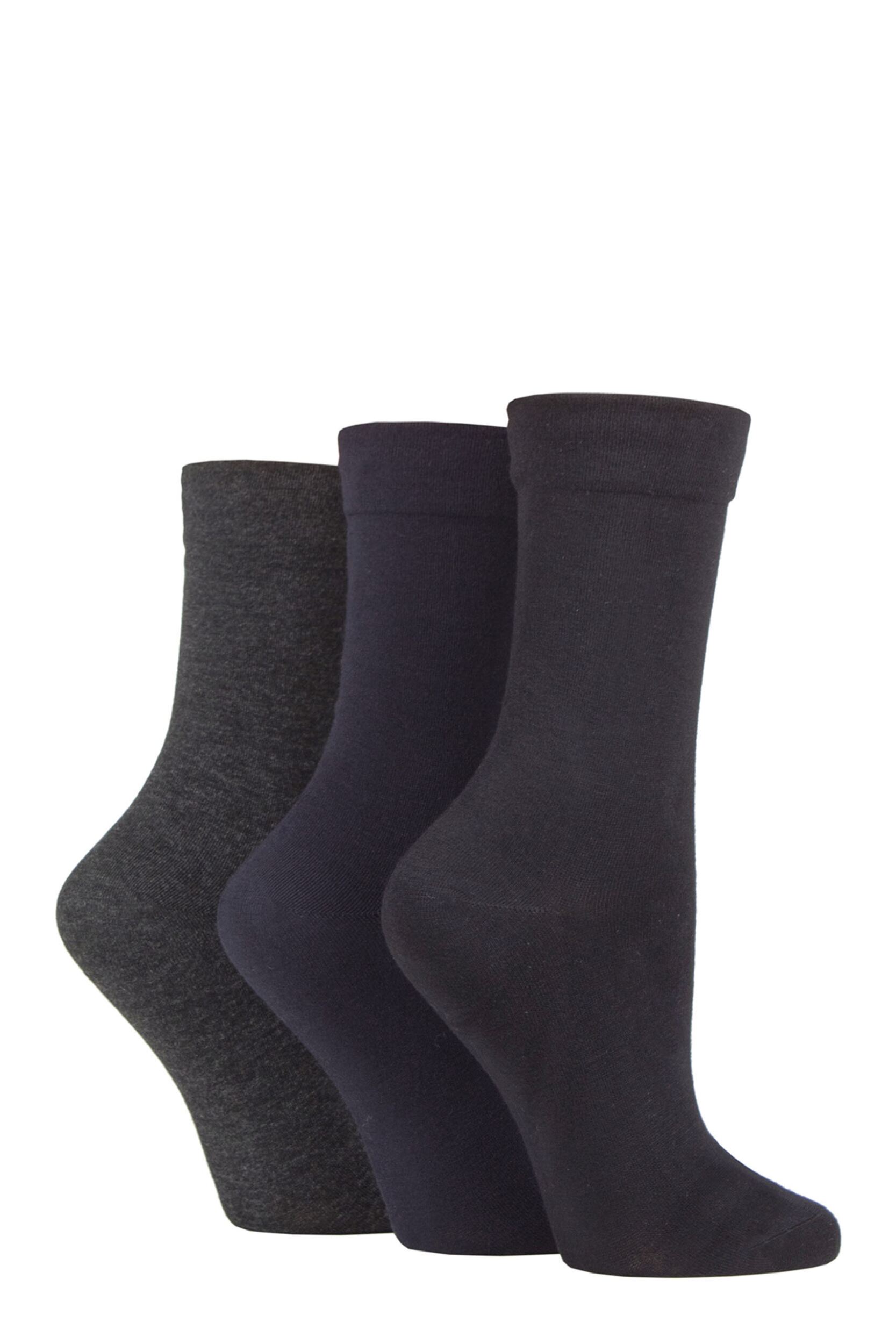 Women's 3 Pair SOCKSHOP Gentle Bamboo Socks with Smooth Toe Seams in Plains and Stripes Black / Navy / Grey 4-8