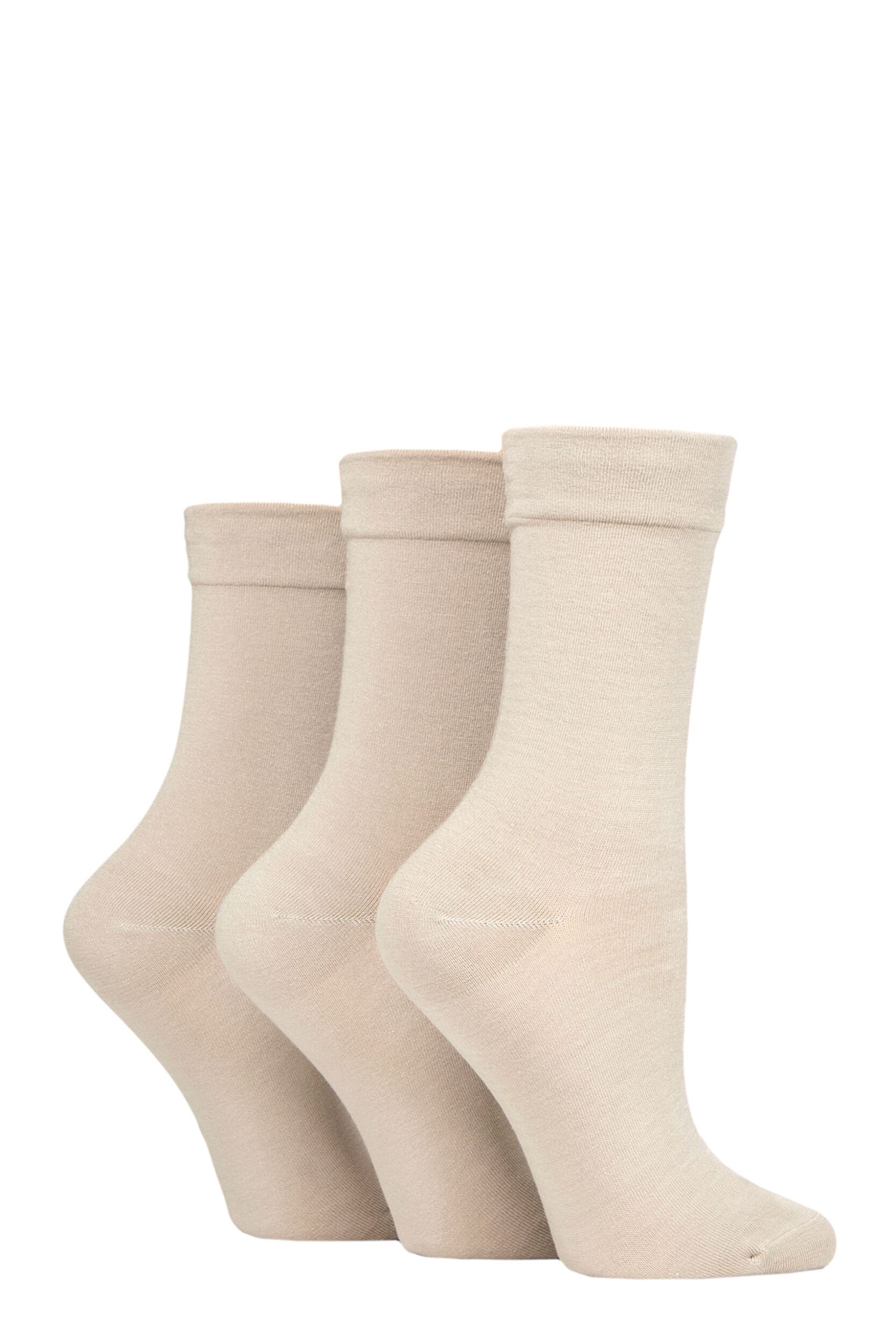 3 Pair Natural Gentle Bamboo Socks with Smooth Toe Seams in Plains and Stripes Ladies 4-8 Ladies - SOCKSHOP