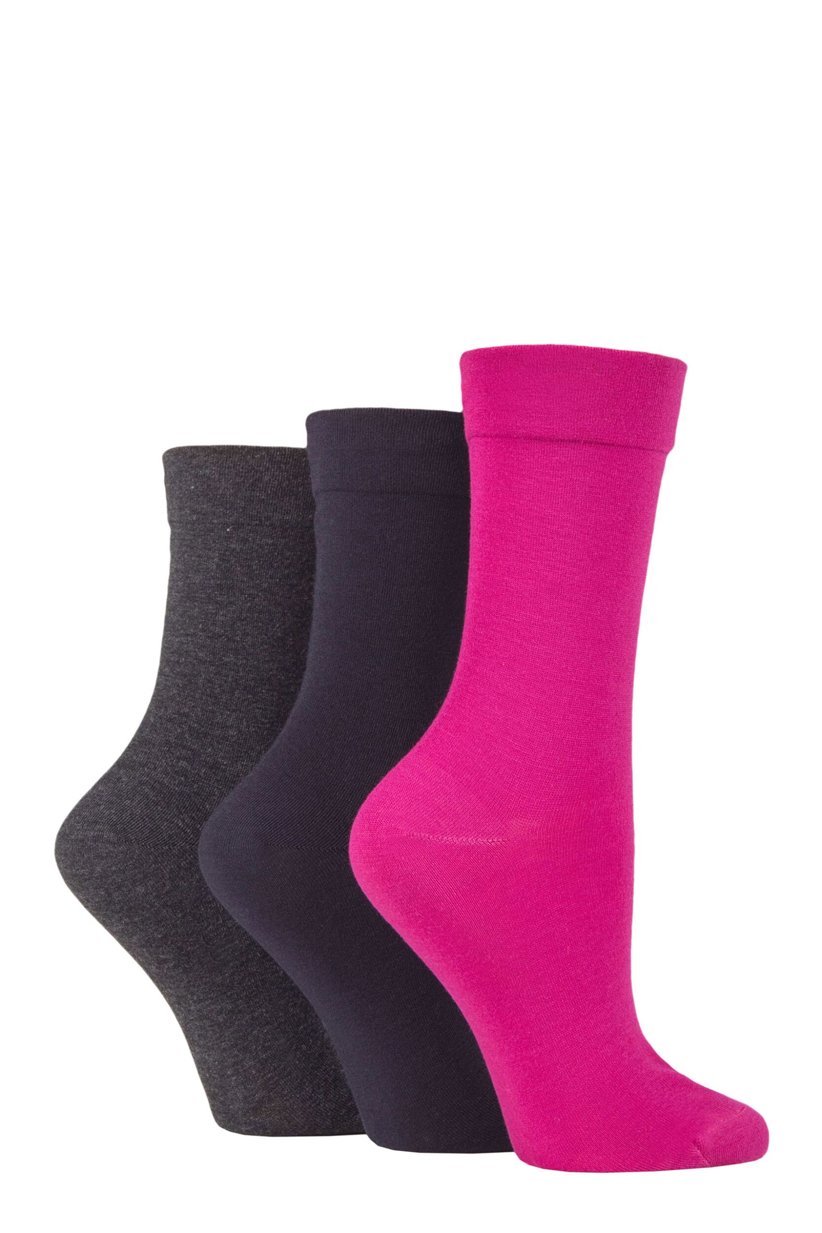 Women's 3 Pair SOCKSHOP Gentle Bamboo Socks with Smooth Toe Seams in Plains and Stripes Pink / Charcoal / Navy 4-8 Ladies