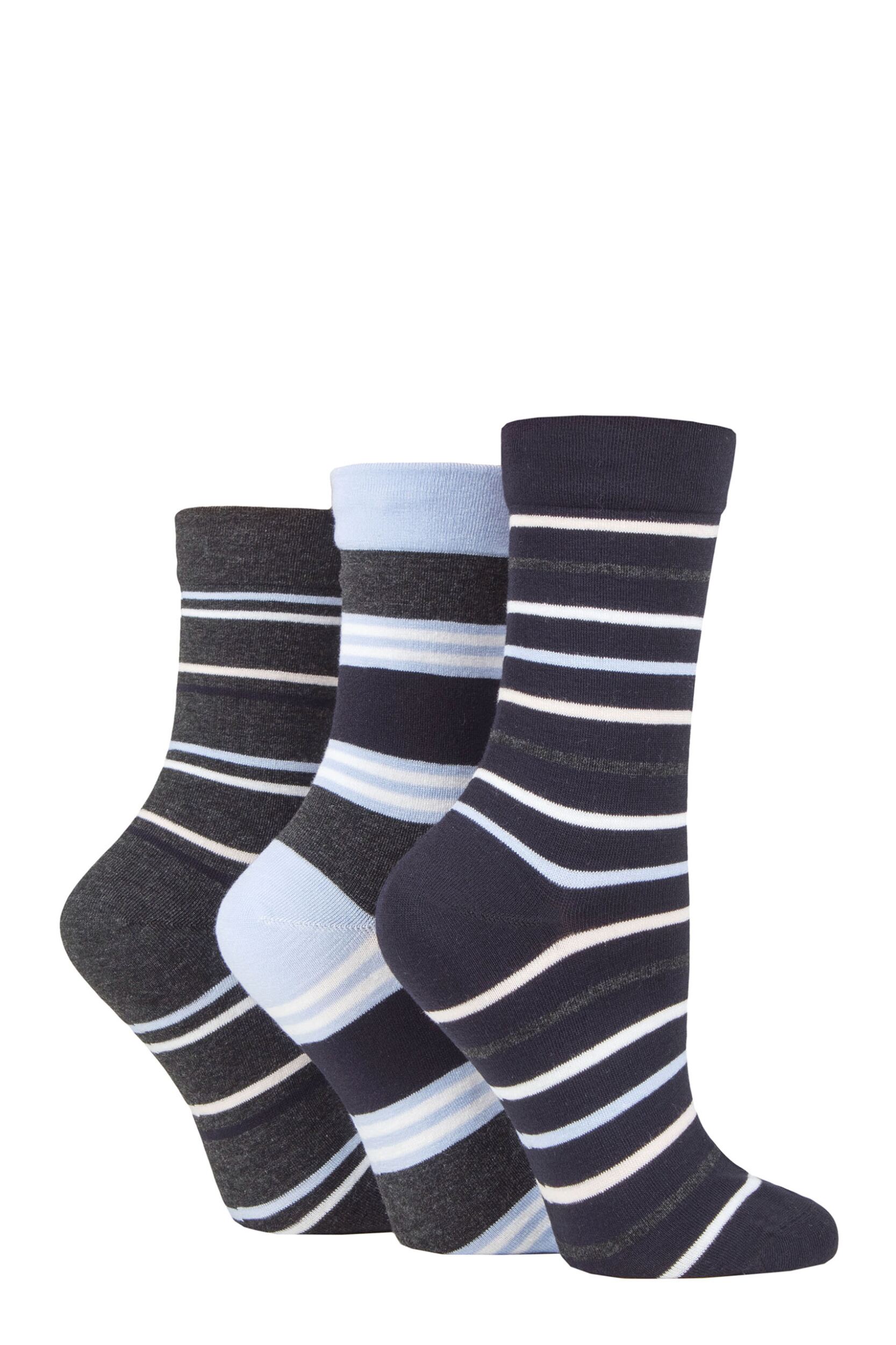 Image of Women's 3 Pair SOCKSHOP Gentle Bamboo Socks with Smooth Toe Seams in Plains and Stripes Blue Stripes 4-8