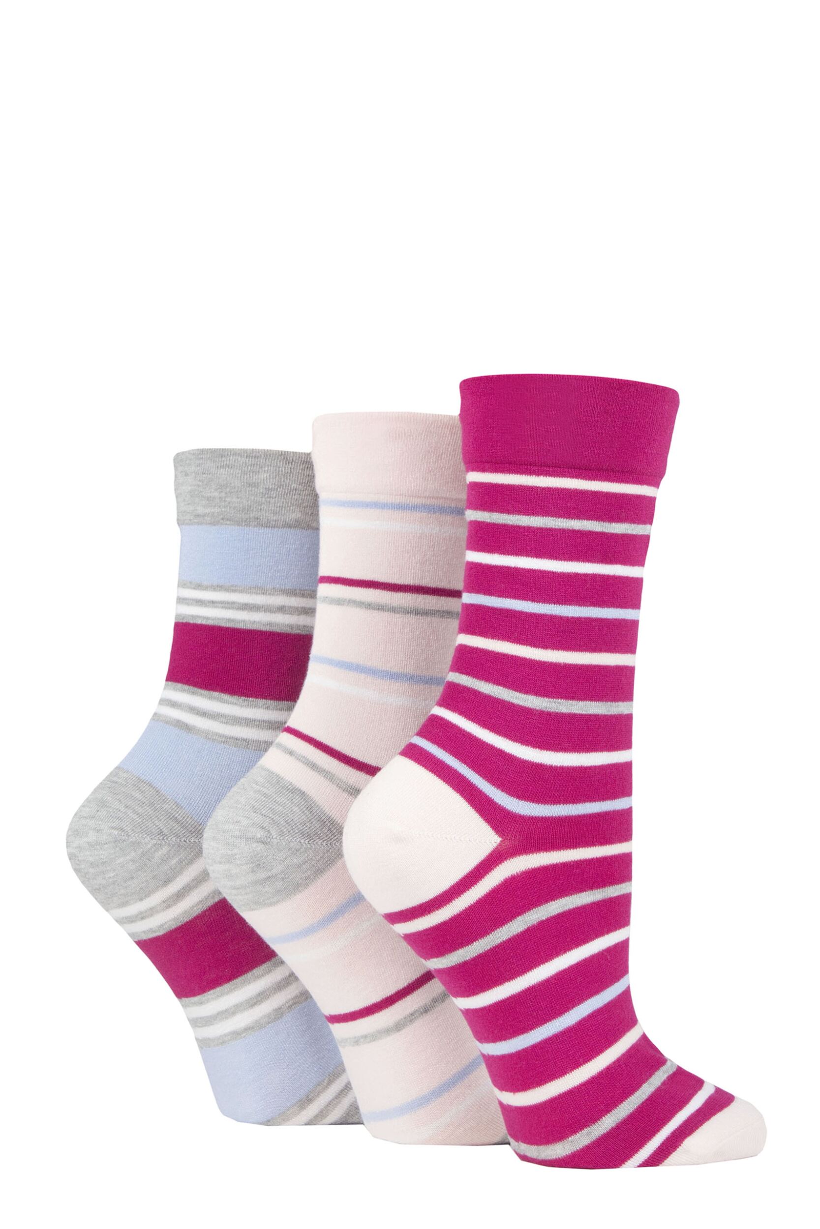 Women's 3 Pair SOCKSHOP Gentle Bamboo Socks with Smooth Toe Seams in Plains and Stripes Pink Stripes 4-8