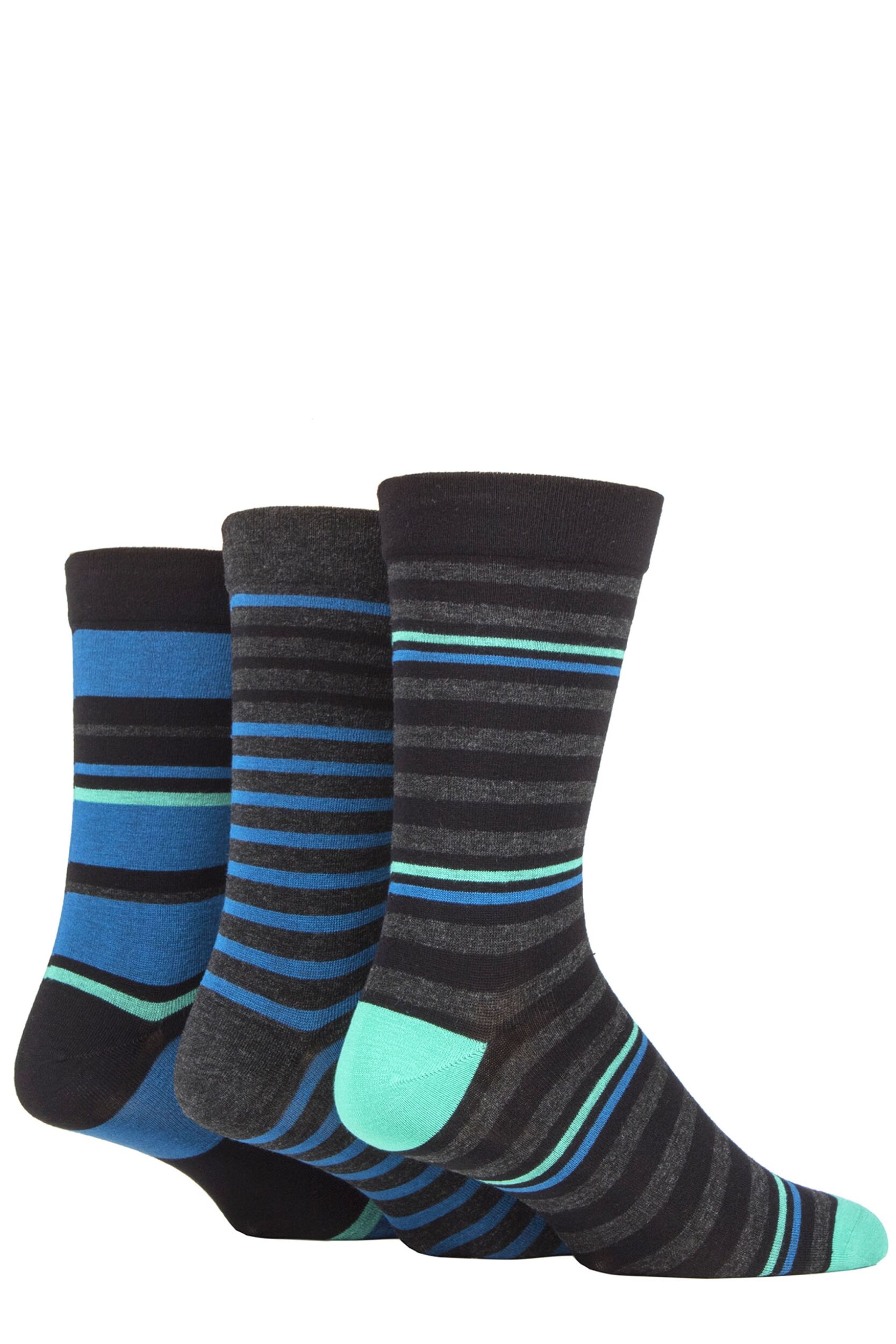 Image of Mens 3 Pair SOCKSHOP Comfort Cuff Gentle Bamboo Striped Socks with Smooth Toe Seams Peacock 7-11