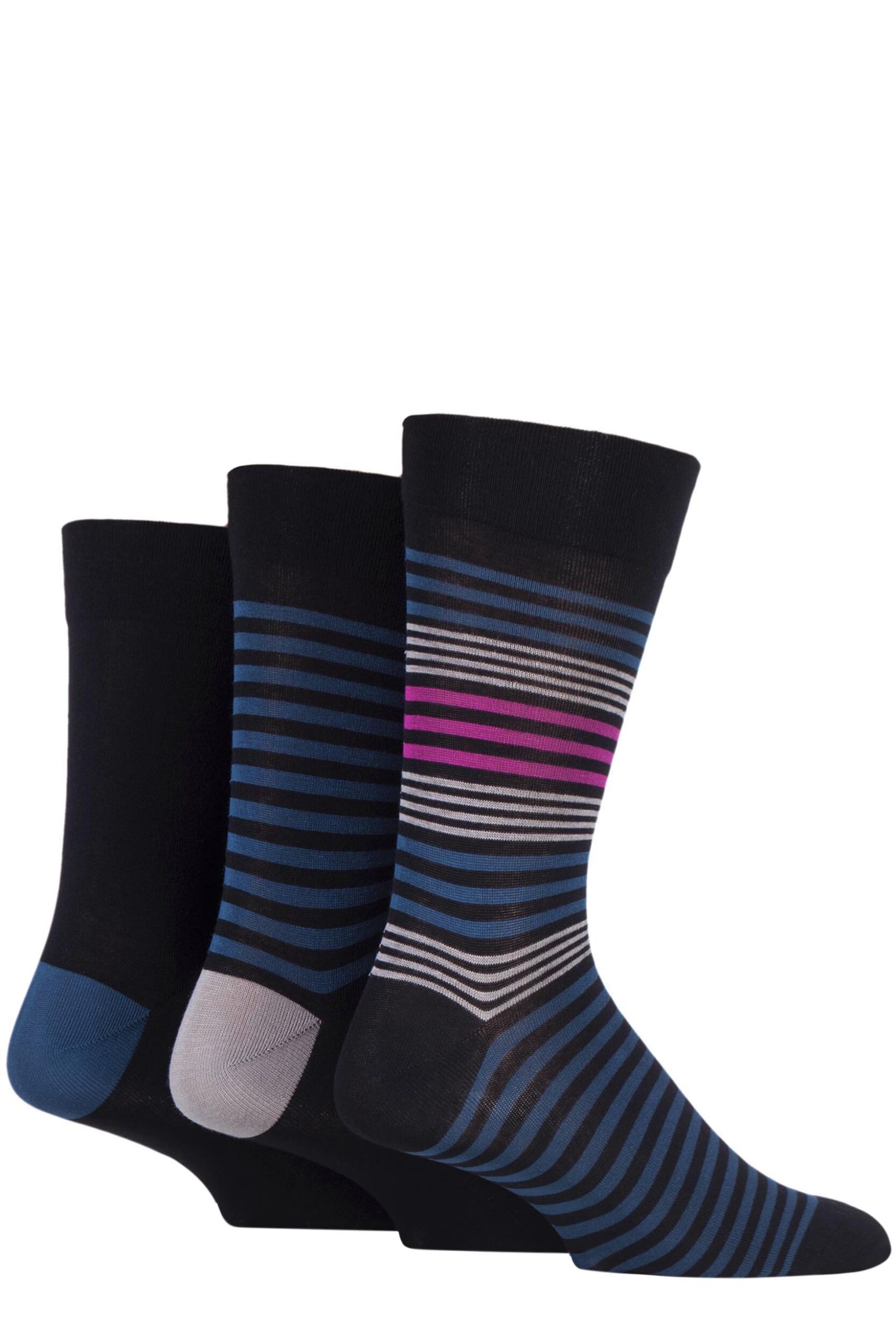 Image of Mens 3 Pair SOCKSHOP Comfort Cuff Gentle Bamboo Striped Socks with Smooth Toe Seams Teal Jewel / Black Mens