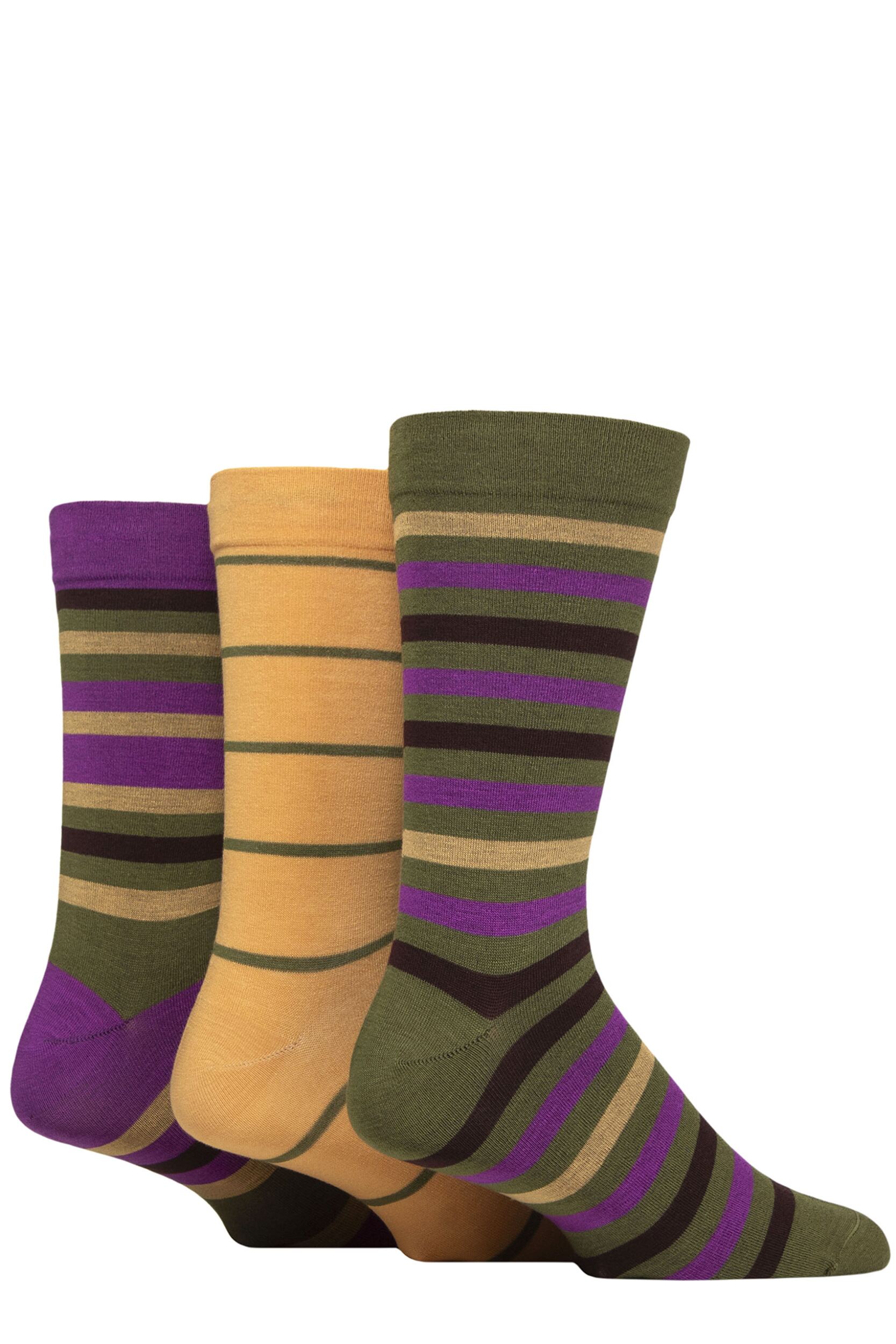 Image of Mens 3 Pair SOCKSHOP Comfort Cuff Gentle Bamboo Striped Socks with Smooth Toe Seams Wild Terrain 12-14