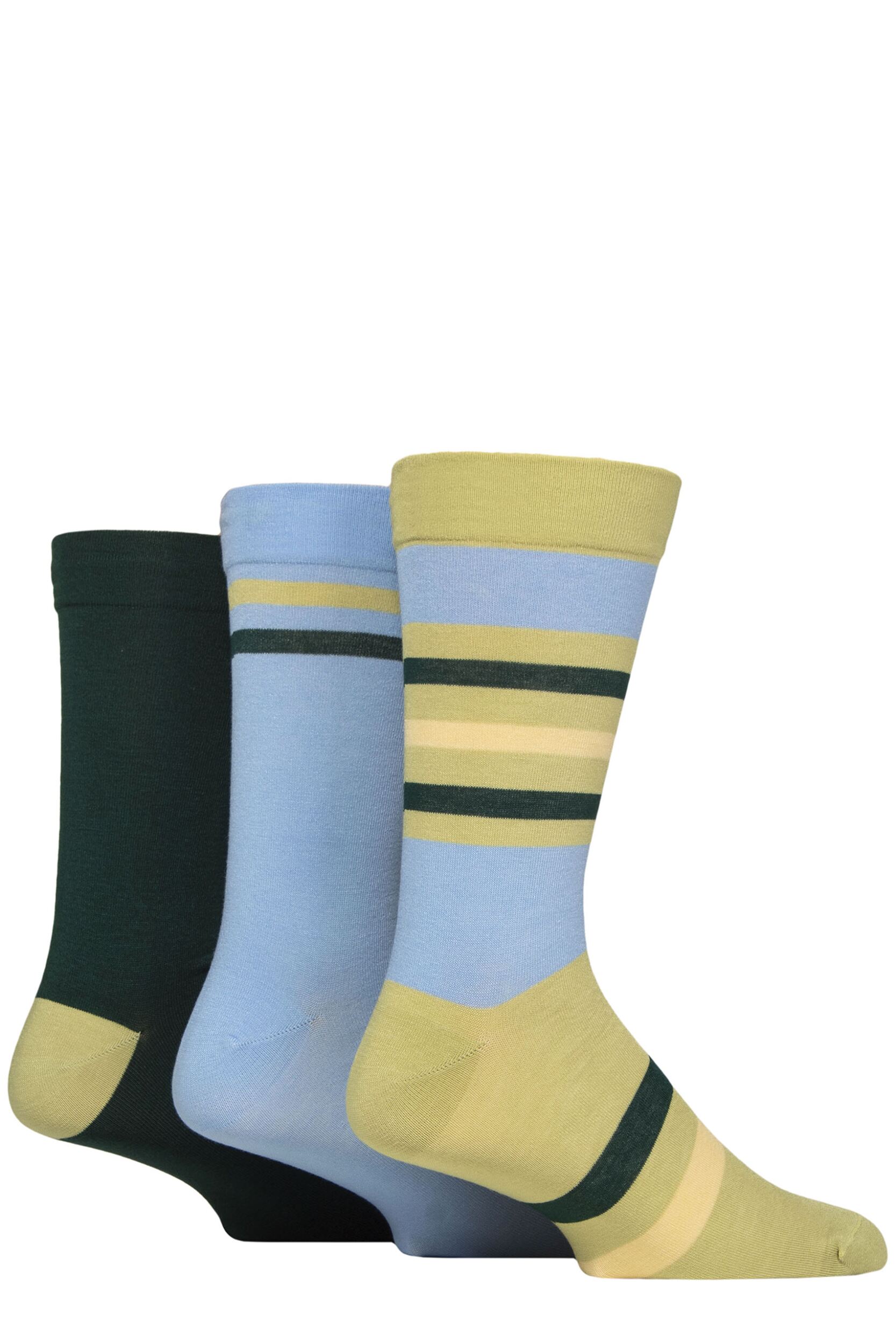 Image of Mens 3 Pair SOCKSHOP Comfort Cuff Gentle Bamboo Striped Socks with Smooth Toe Seams Avocado 7-11