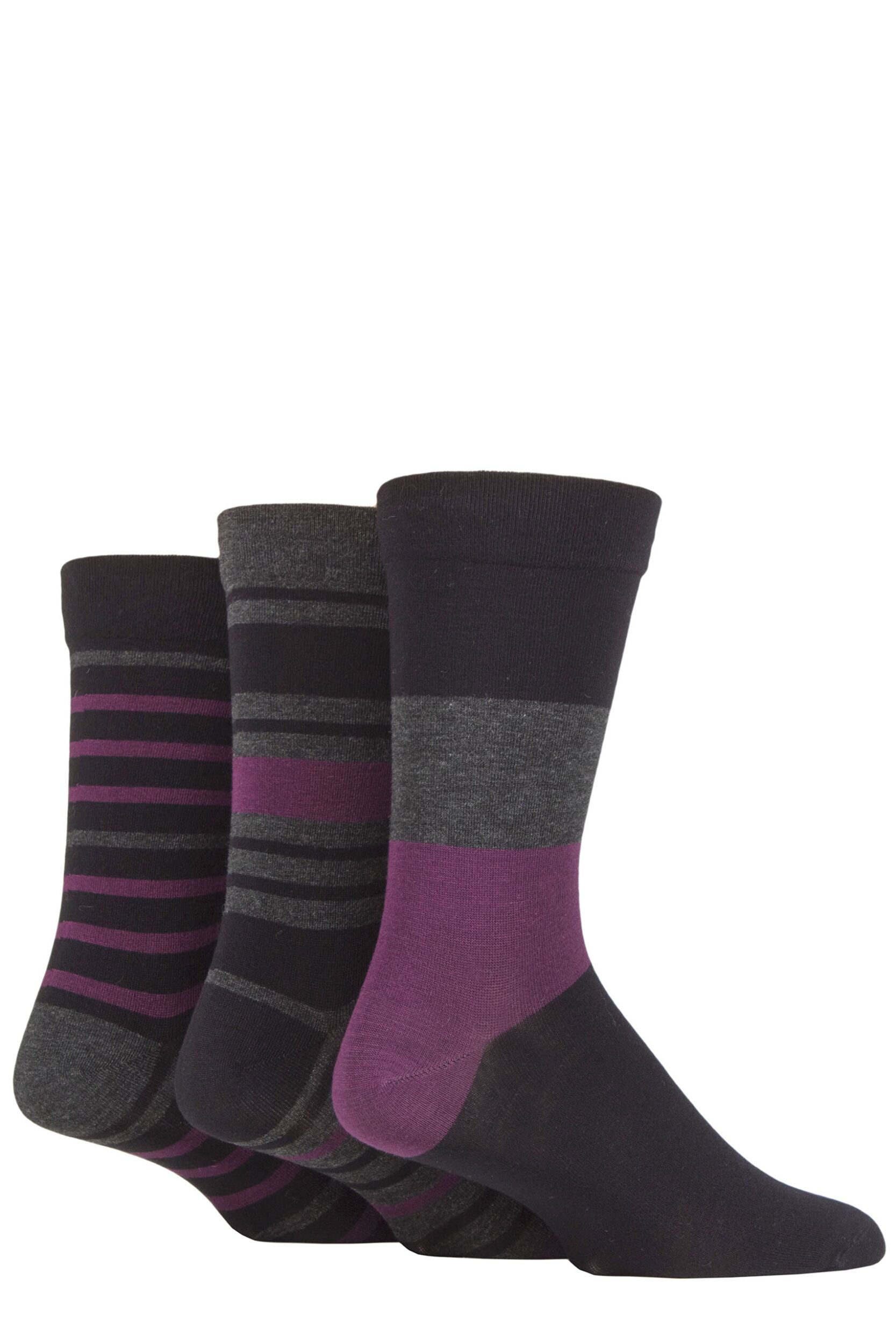 Mens 3 Pair SOCKSHOP Comfort Cuff Gentle Bamboo Striped Socks with Smooth Toe Seams Black / Beetroot 7-11 Mens