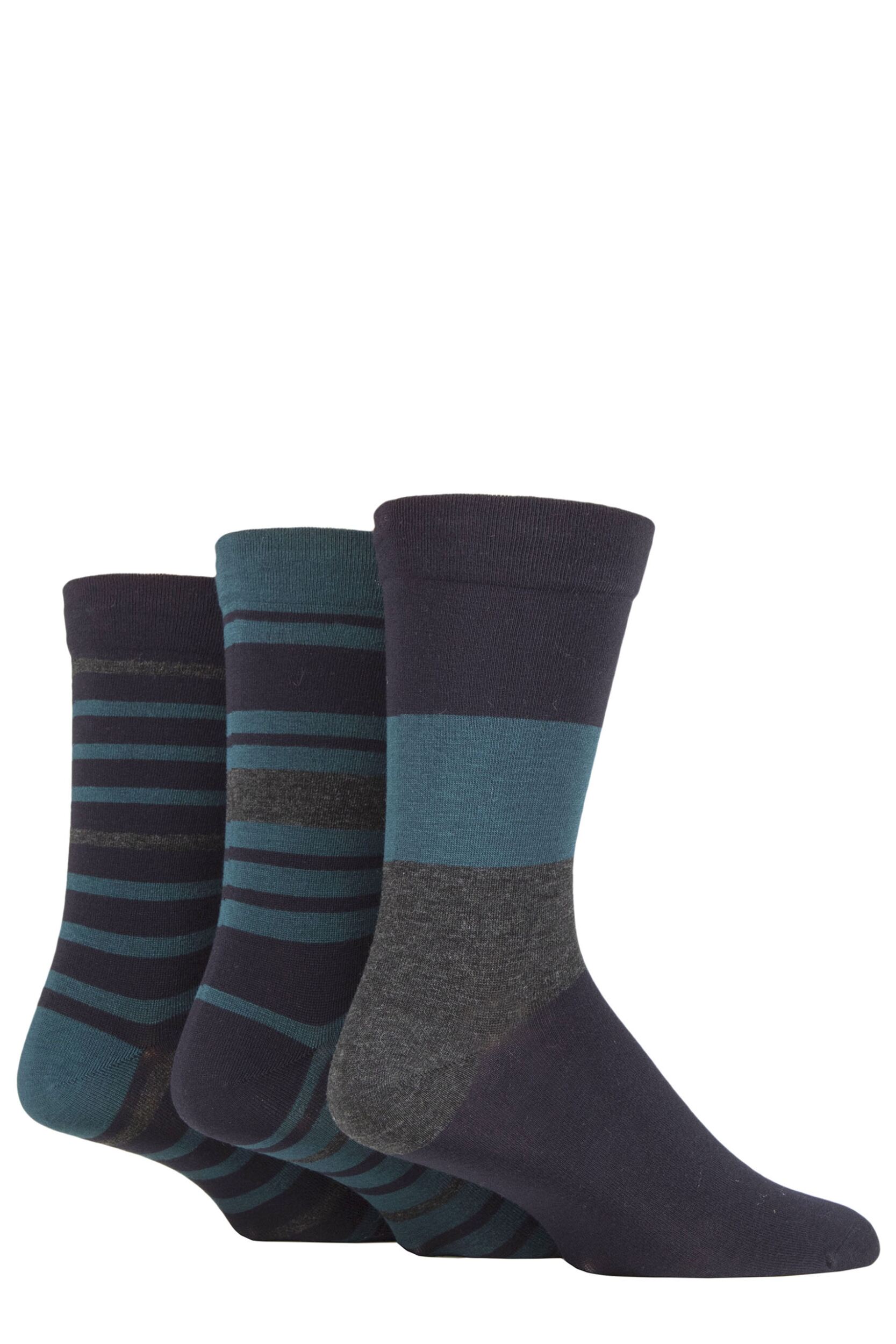 Image of Mens 3 Pair SOCKSHOP Comfort Cuff Gentle Bamboo Striped Socks with Smooth Toe Seams Navy / Bottle Green 7-11 Mens