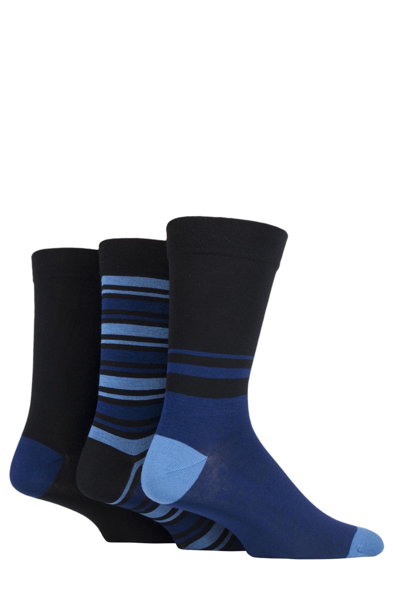 Mens 3 Pair SOCKSHOP Comfort Cuff Gentle Bamboo Striped Socks with Smooth Toe Seams Black / Blue 12-14