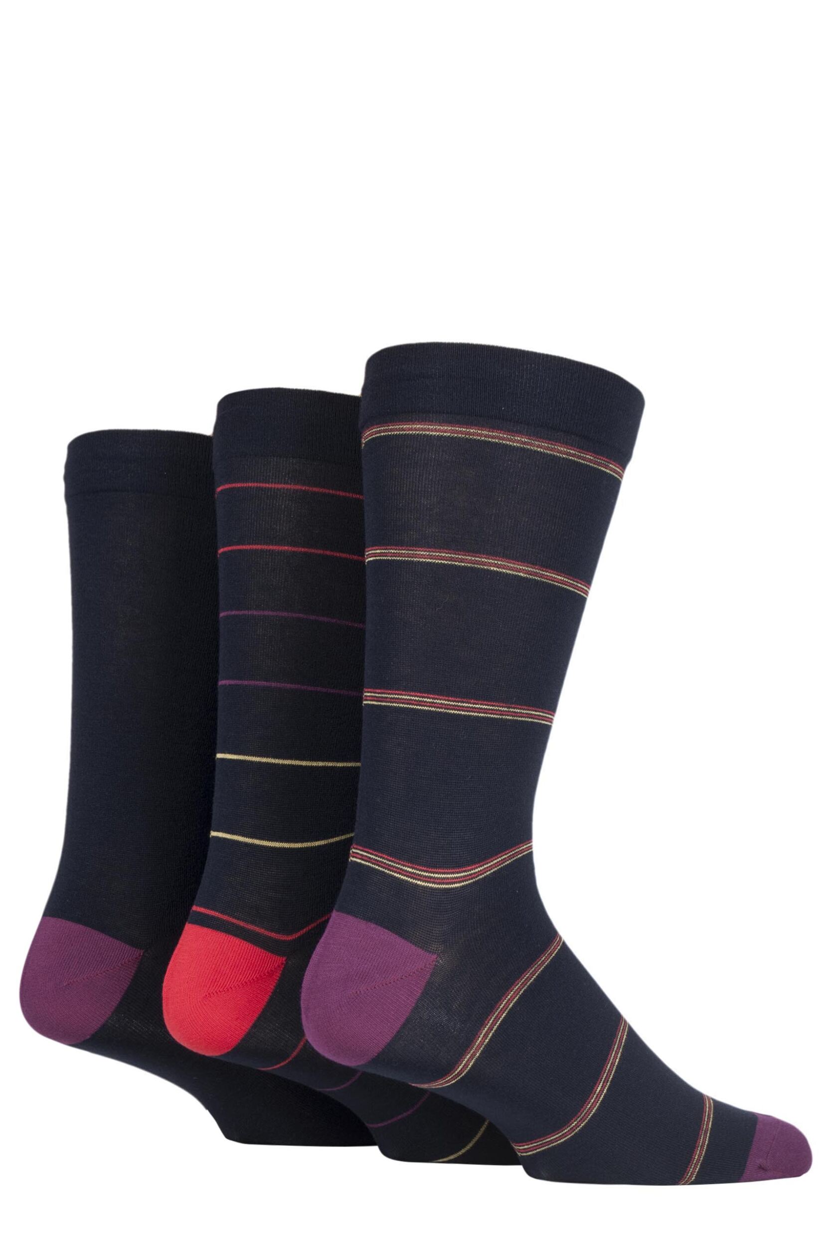 3 Pair Navy / Red Comfort Cuff Gentle Bamboo Striped and Plain Socks with Smooth Toe Seams Men's 7-11 Mens - SOCKSHOP