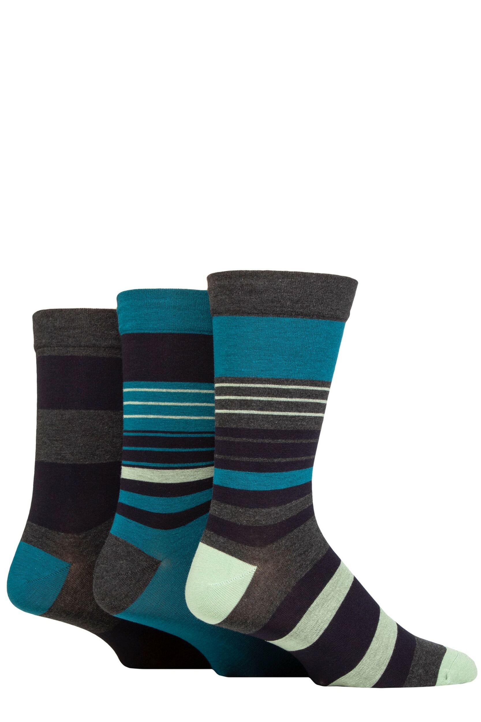 Mens 3 Pair SOCKSHOP Comfort Cuff Gentle Bamboo Striped Socks with Smooth Toe Seams Sage 12-14