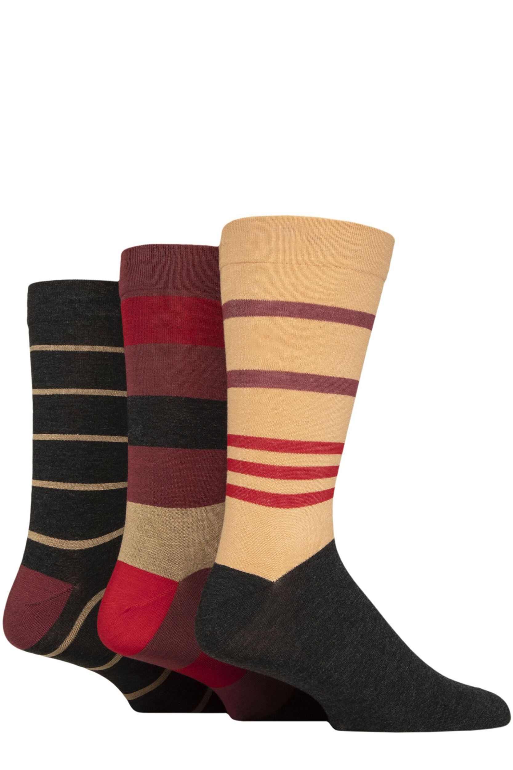 Image of Mens 3 Pair SOCKSHOP Comfort Cuff Gentle Bamboo Striped Socks with Smooth Toe Seams Sesame 7-11 Mens