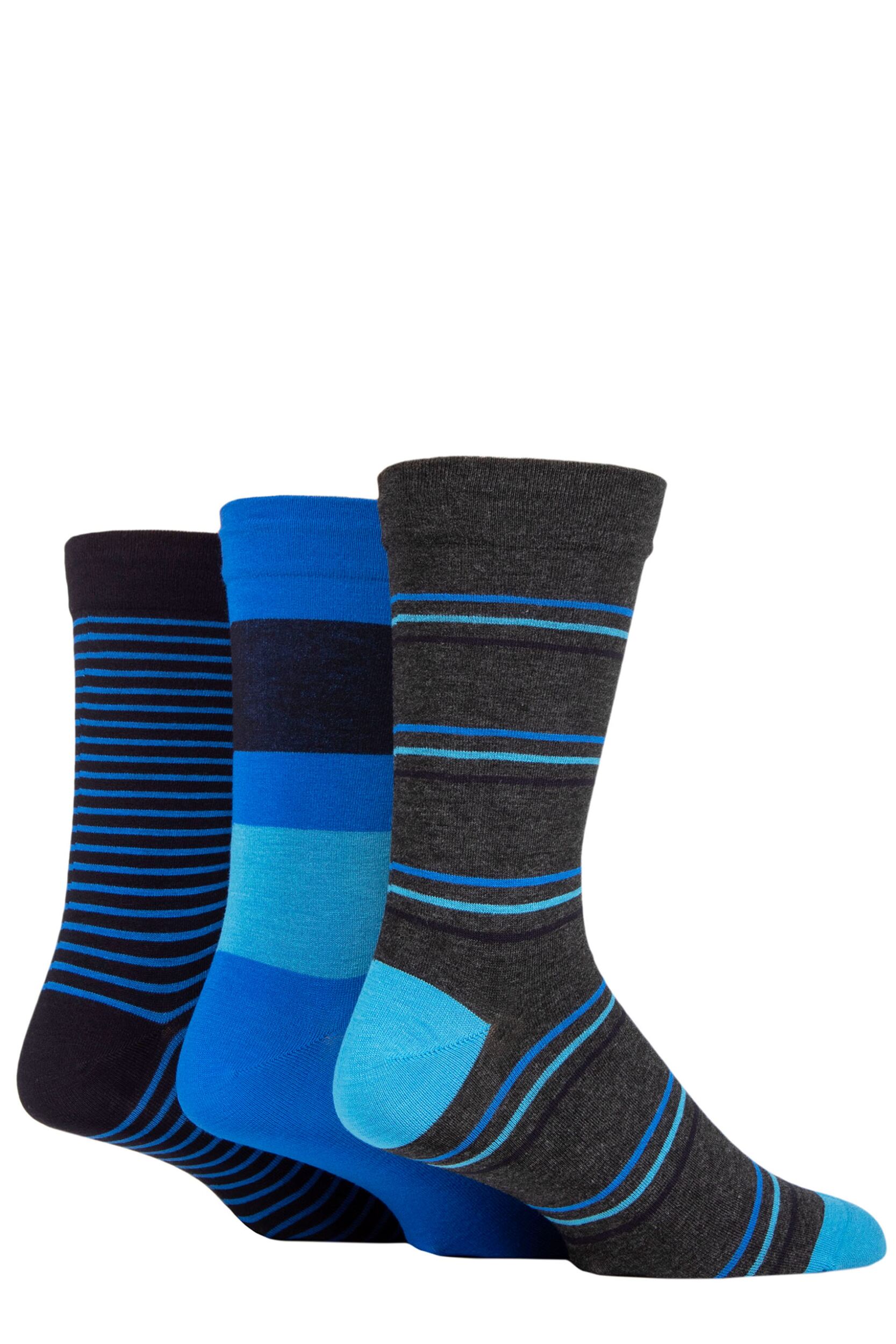 Image of Mens 3 Pair SOCKSHOP Comfort Cuff Gentle Bamboo Striped Socks with Smooth Toe Seams Blue Sky 7-11
