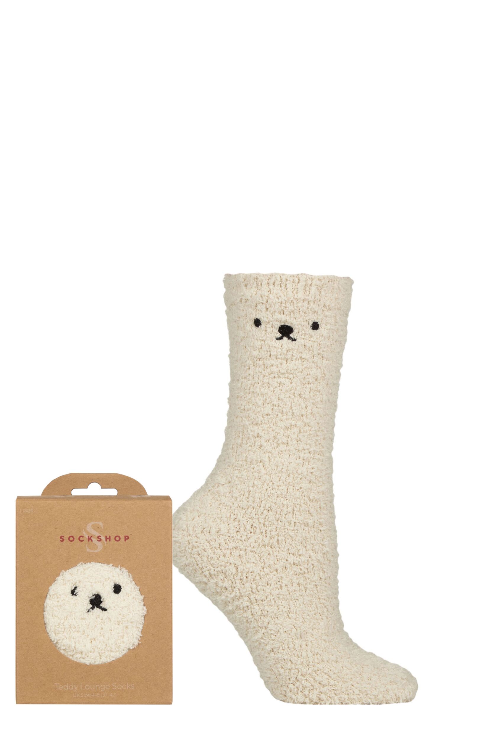 Women's 1 Pair SOCKSHOP Teddy Bear Cosy Gift Boxed Lounge Socks Stone 4-8