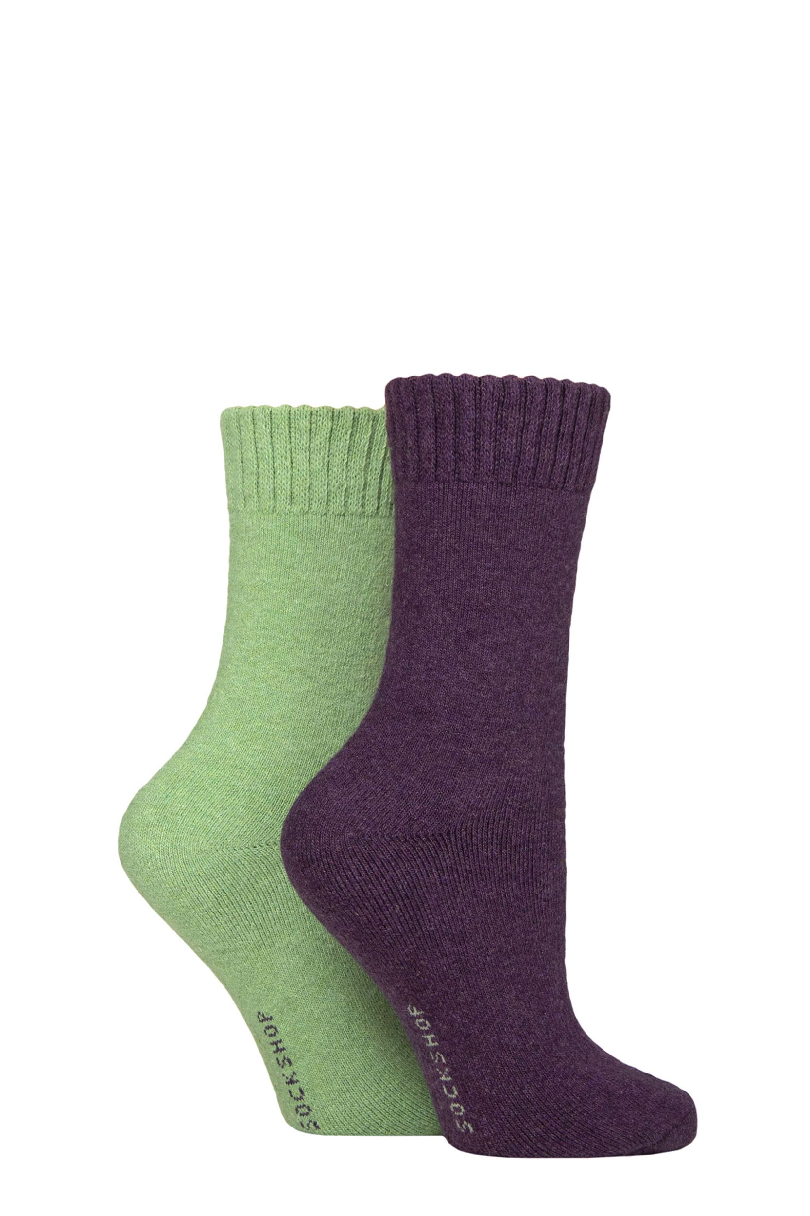 Women's 2 Pair SOCKSHOP Wool Mix Striped and Plain Boot Socks Wild Terrain Plain 4-8